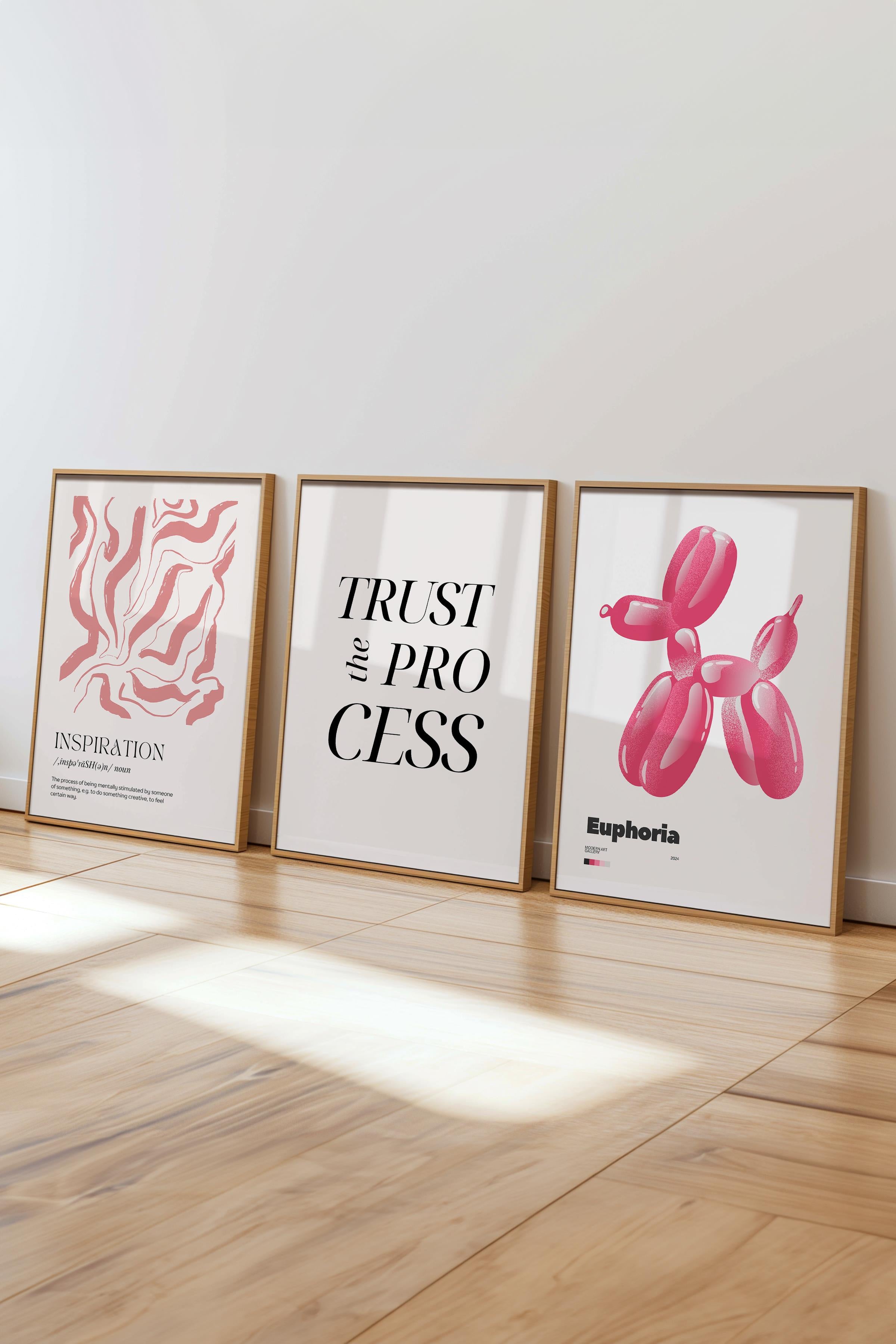 Soft Pembe Tablo Seti, 3 Adet Ahşap Çerçeve ve Poster - Yatak Odası, Mutfak, Salon Duvar Dekoru