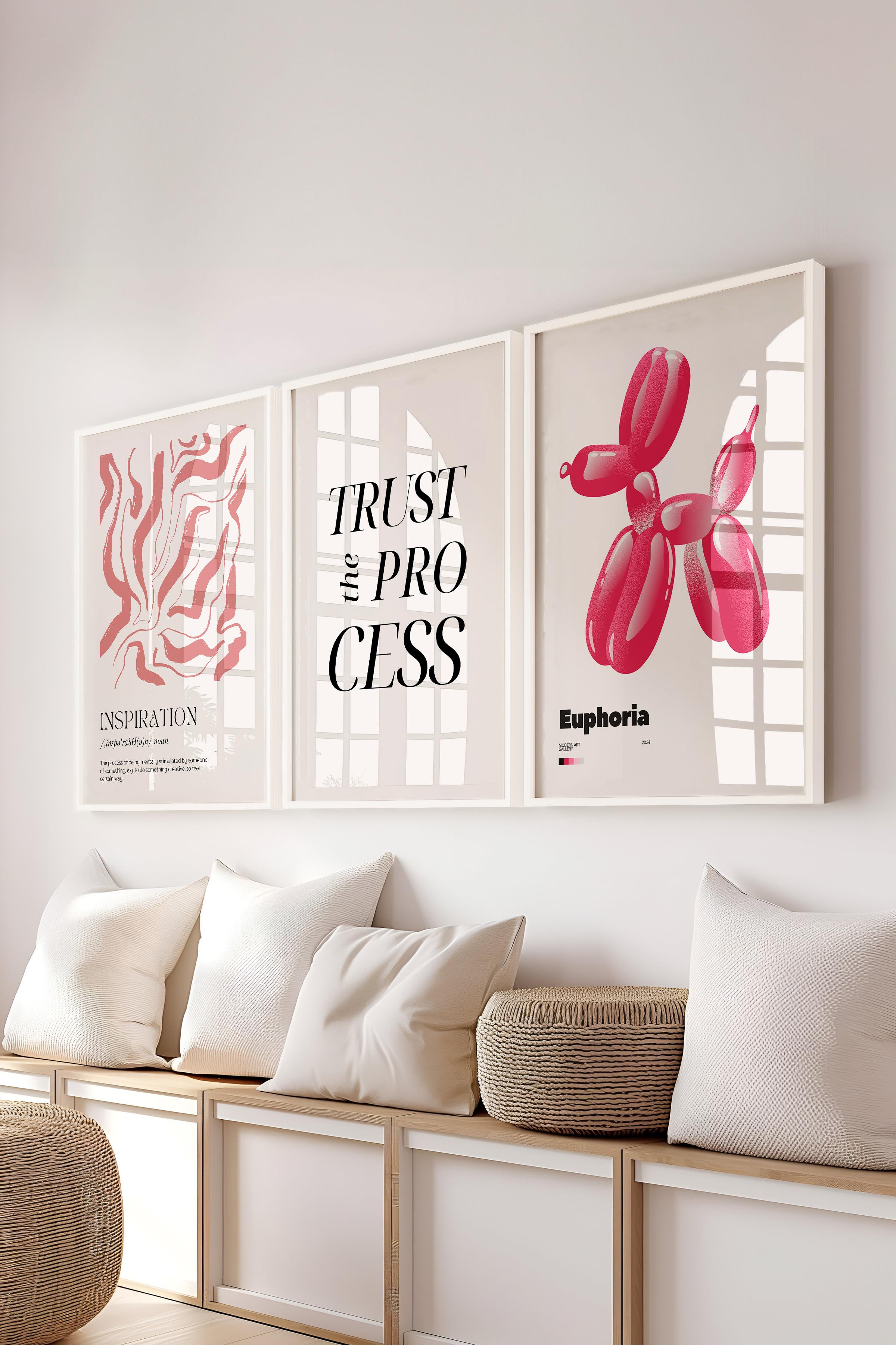 Soft Pembe Tablo Seti, 3 Adet Beyaz Çerçeve ve Poster - Yatak Odası, Mutfak, Salon Duvar Dekoru