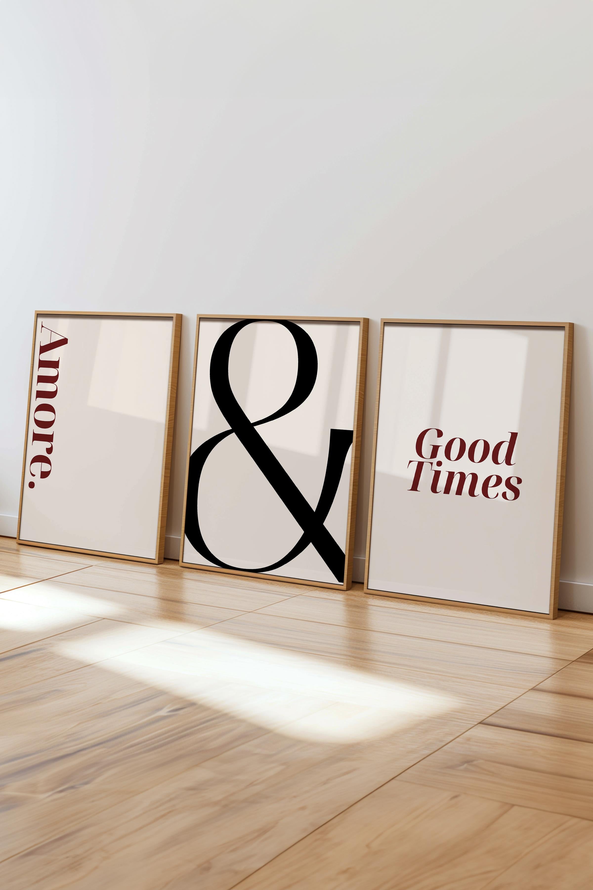 Soft Bej Tablo Seti, 3 Adet Ahşap Çerçeve ve Poster - Sonsuzluk, Amore ve Good Times Duvar Dekoru