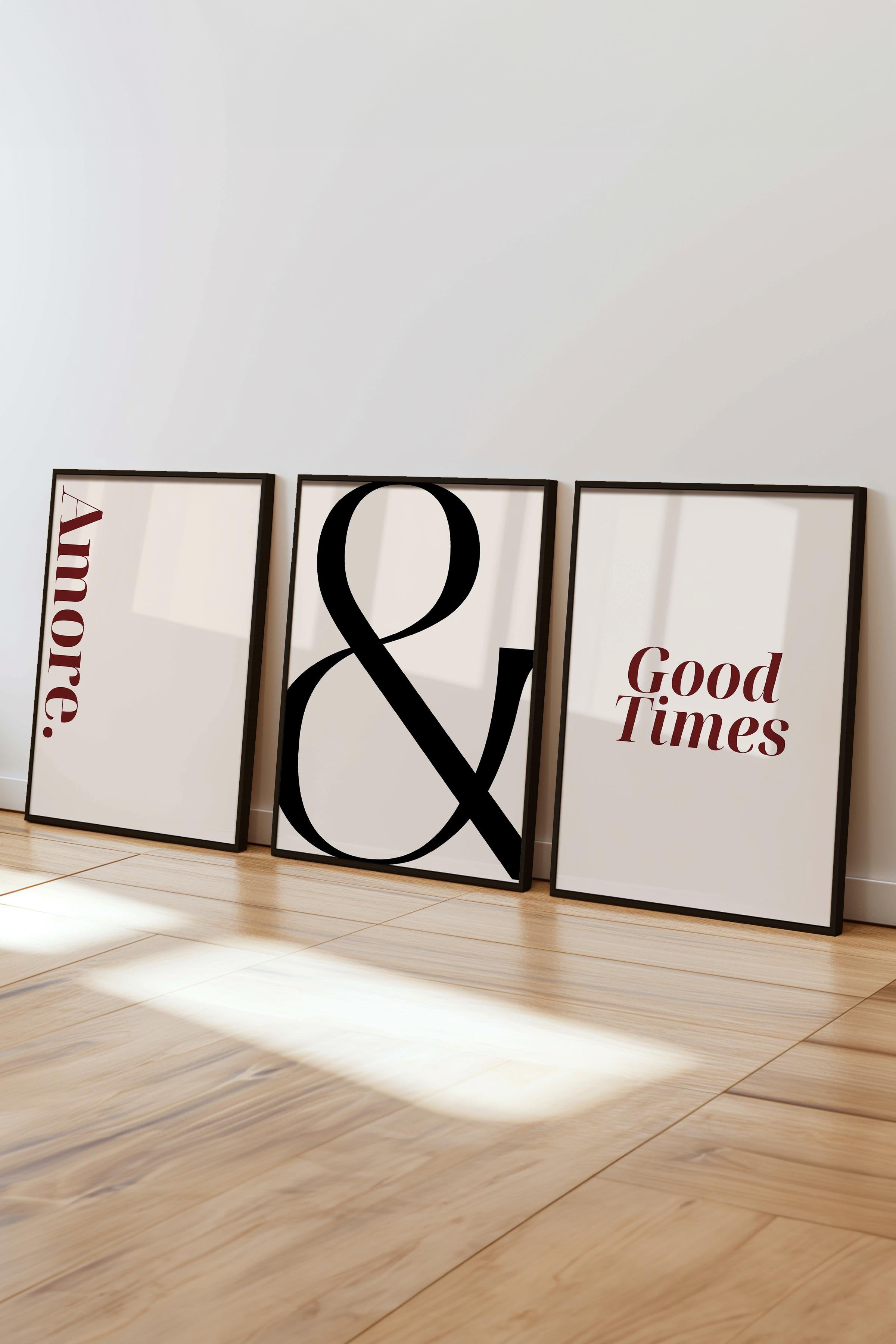 Soft Bej Tablo Seti, 3 Adet Siyah Çerçeve ve Poster - Sonsuzluk, Amore ve Good Times Duvar Dekoru