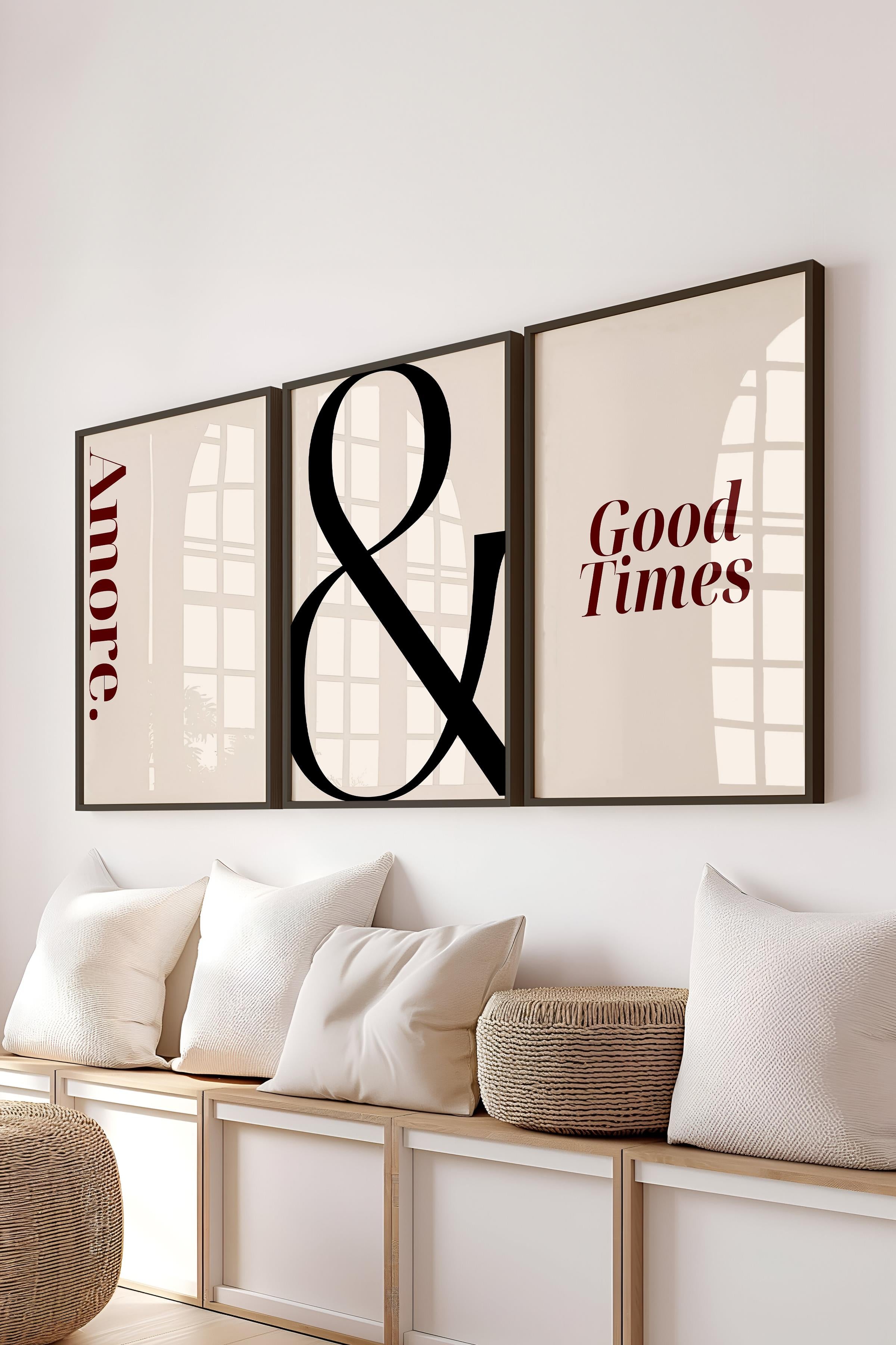 Soft Bej Tablo Seti, 3 Adet Siyah Çerçeve ve Poster - Sonsuzluk, Amore ve Good Times Duvar Dekoru