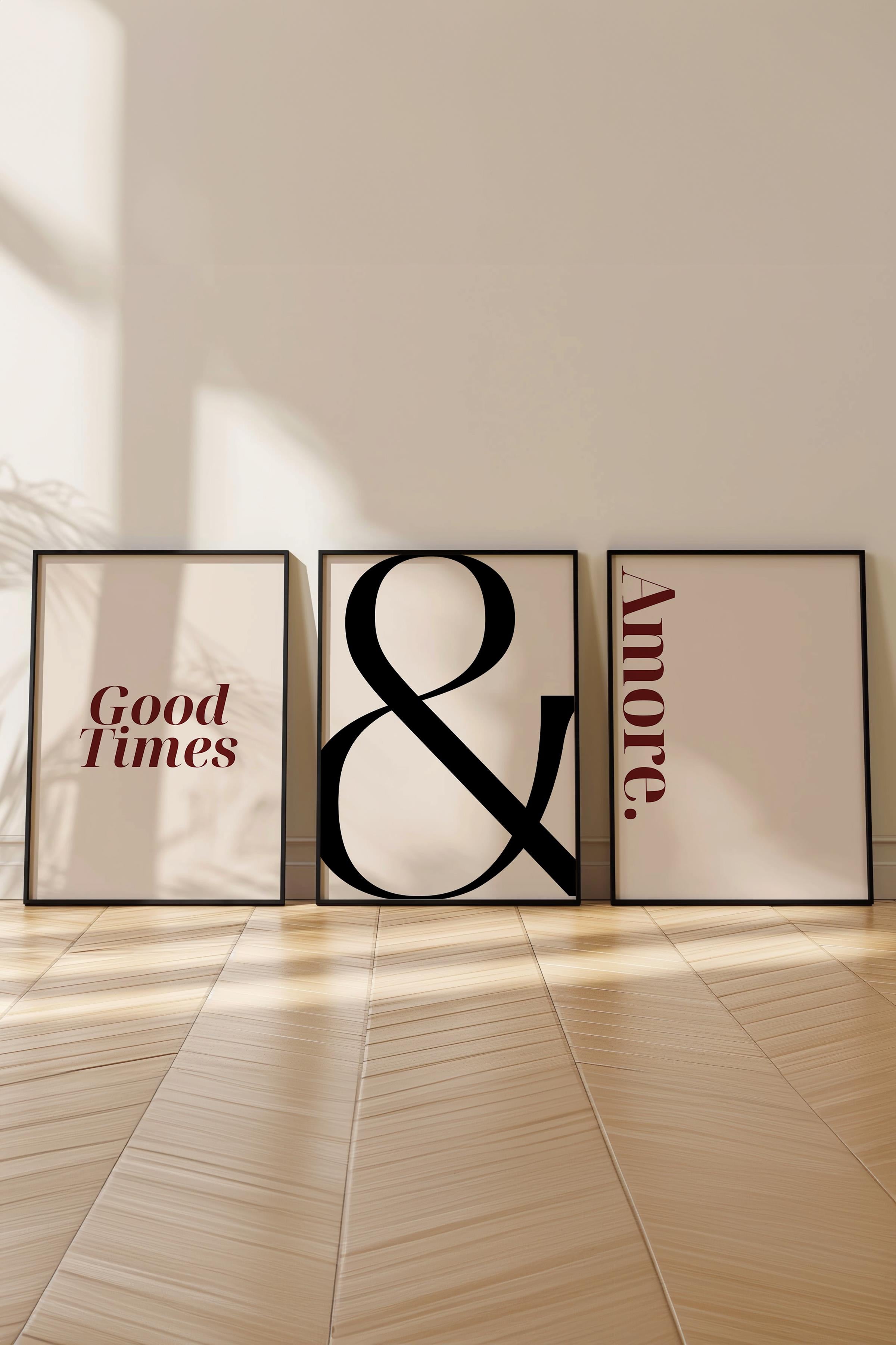 Soft Bej Tablo Seti, 3 Adet Siyah Çerçeve ve Poster - Sonsuzluk, Amore ve Good Times Duvar Dekoru