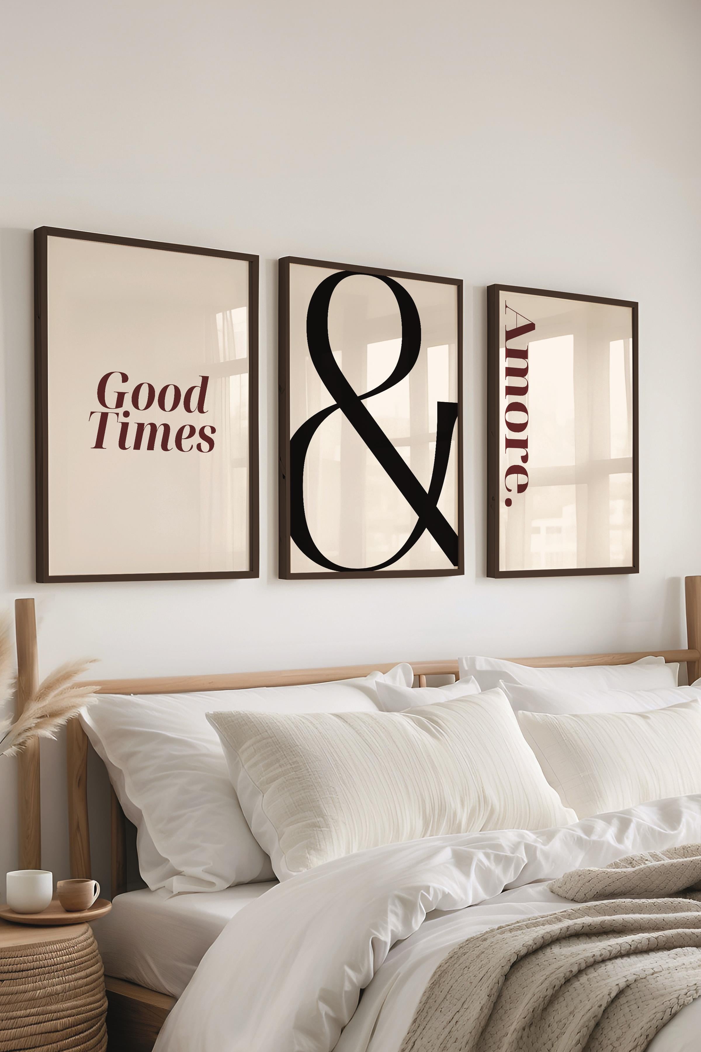 Soft Bej Tablo Seti, 3 Adet Siyah Çerçeve ve Poster - Sonsuzluk, Amore ve Good Times Duvar Dekoru