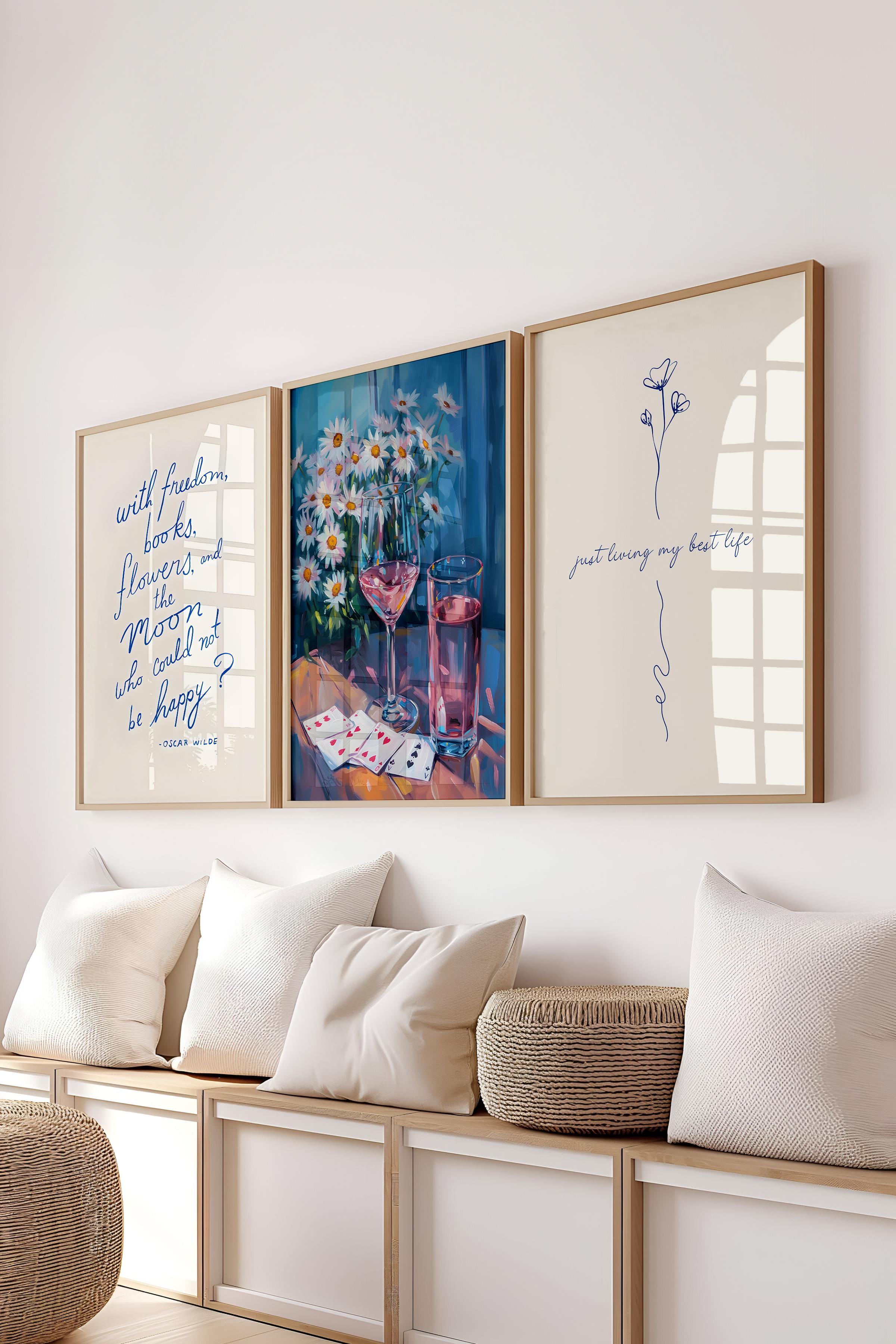 Soft Mavi Tablo Seti, 3 Adet Ahşap Çerçeve ve Poster - Yatak Odası, Mutfak, Salon Duvar Dekoru