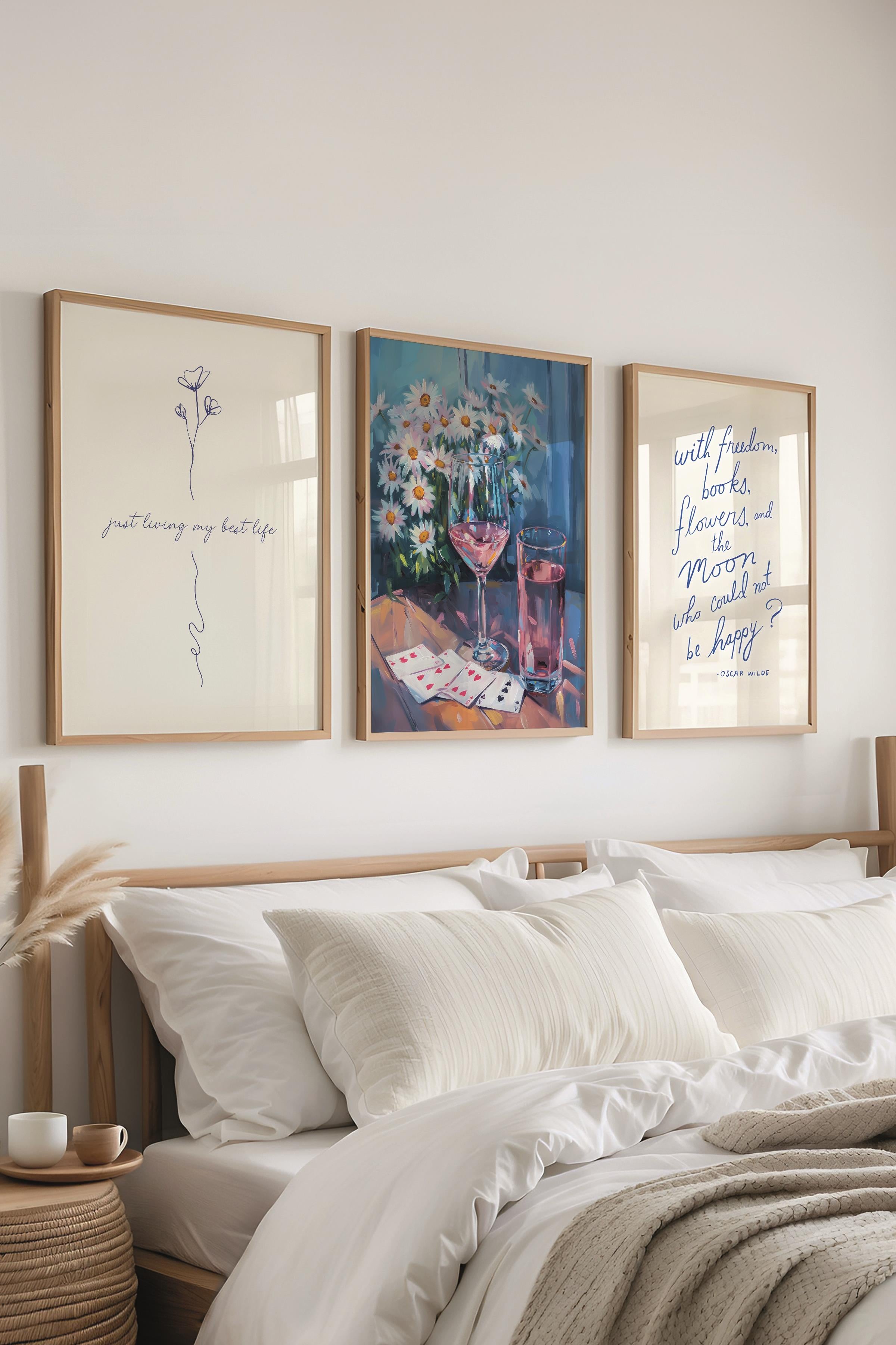 Soft Mavi Tablo Seti, 3 Adet Ahşap Çerçeve ve Poster - Yatak Odası, Mutfak, Salon Duvar Dekoru