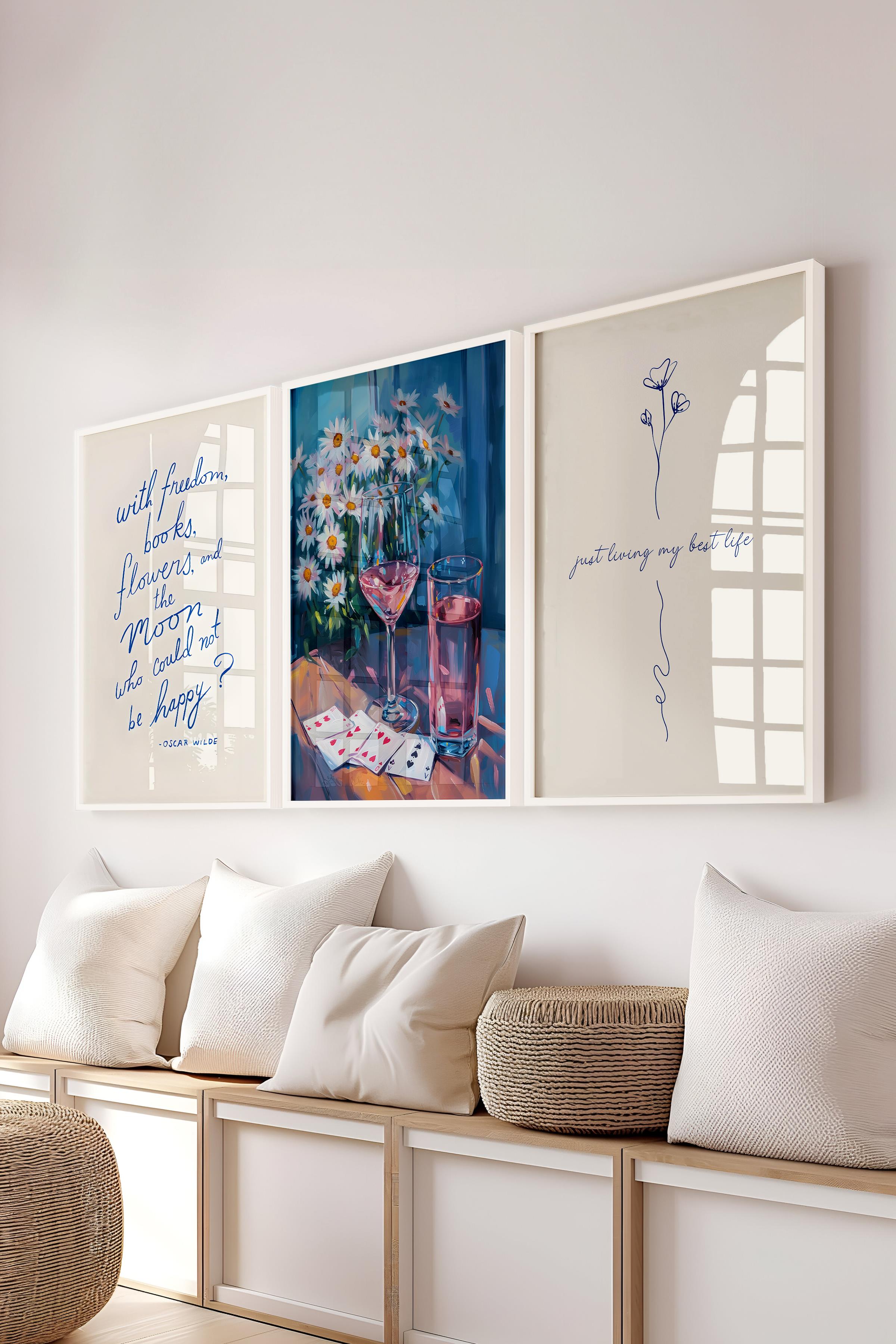 Soft Mavi Tablo Seti, 3 Adet Beyaz Çerçeve ve Poster - Yatak Odası, Mutfak, Salon Duvar Dekoru