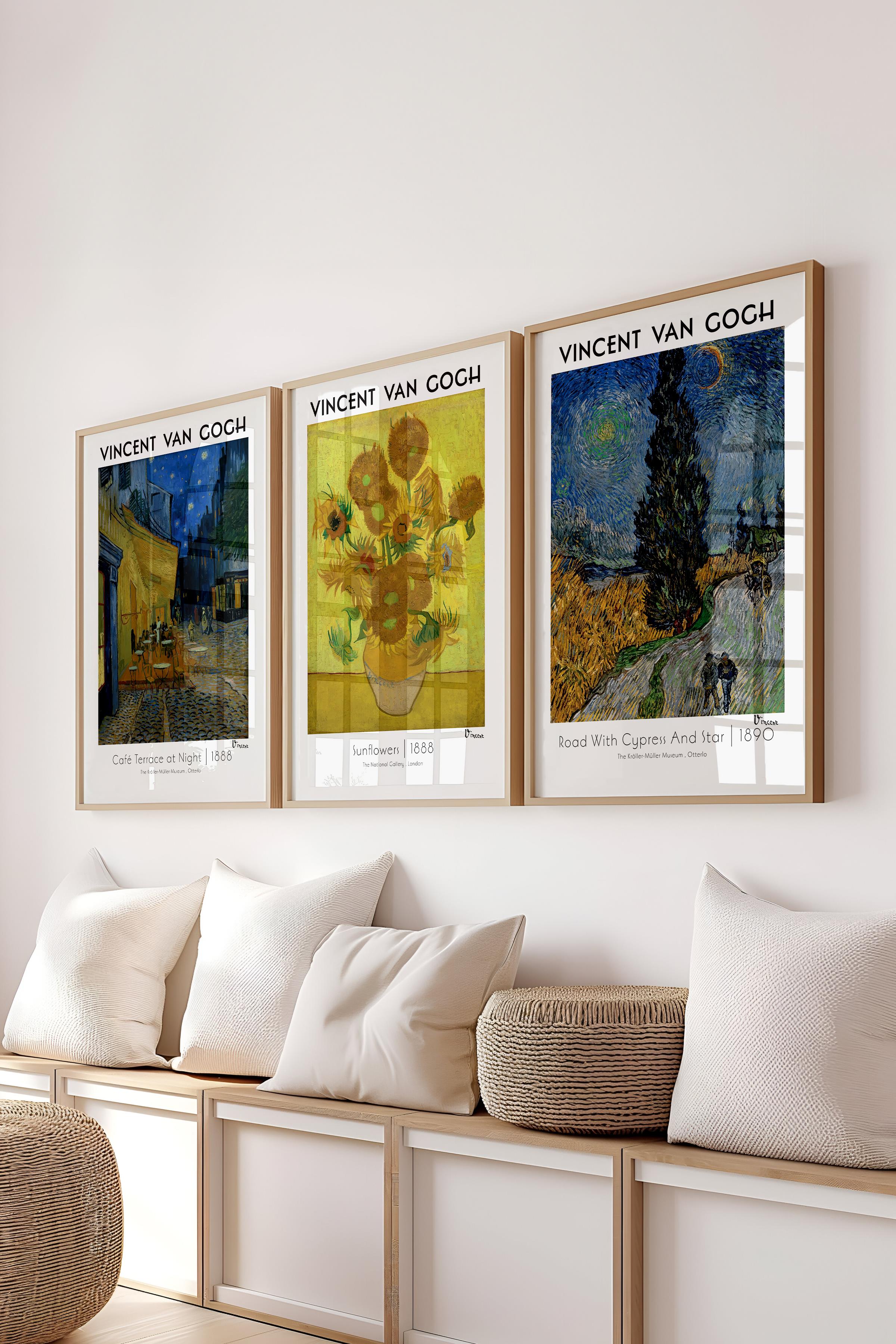 Van Gogh Tablo Seti, 3 Adet Ahşap Çerçeve ve Sanat Serisi Poster - Yatak Odası, Mutfak, Salon Dekoru