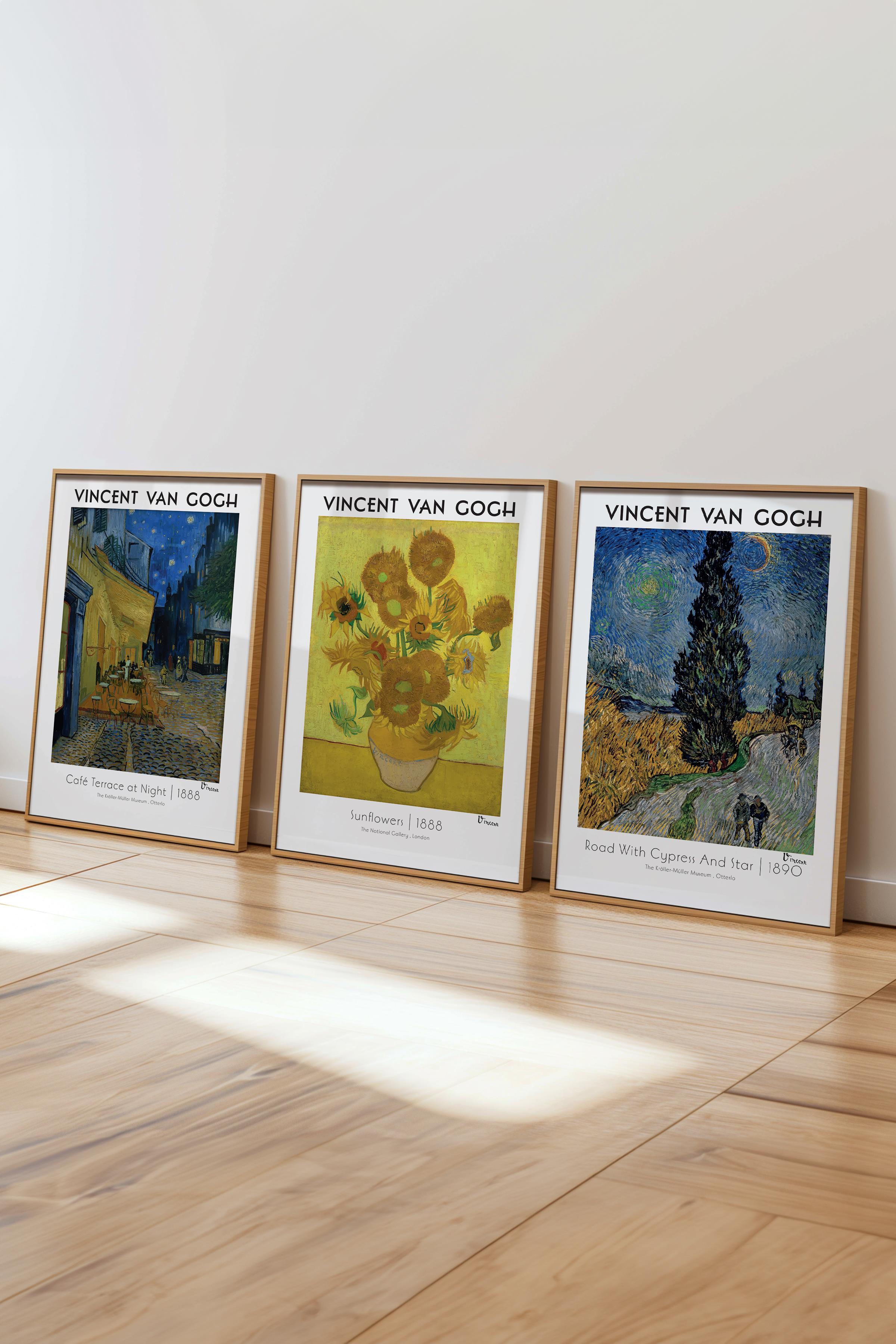 Van Gogh Tablo Seti, 3 Adet Ahşap Çerçeve ve Sanat Serisi Poster - Yatak Odası, Mutfak, Salon Dekoru
