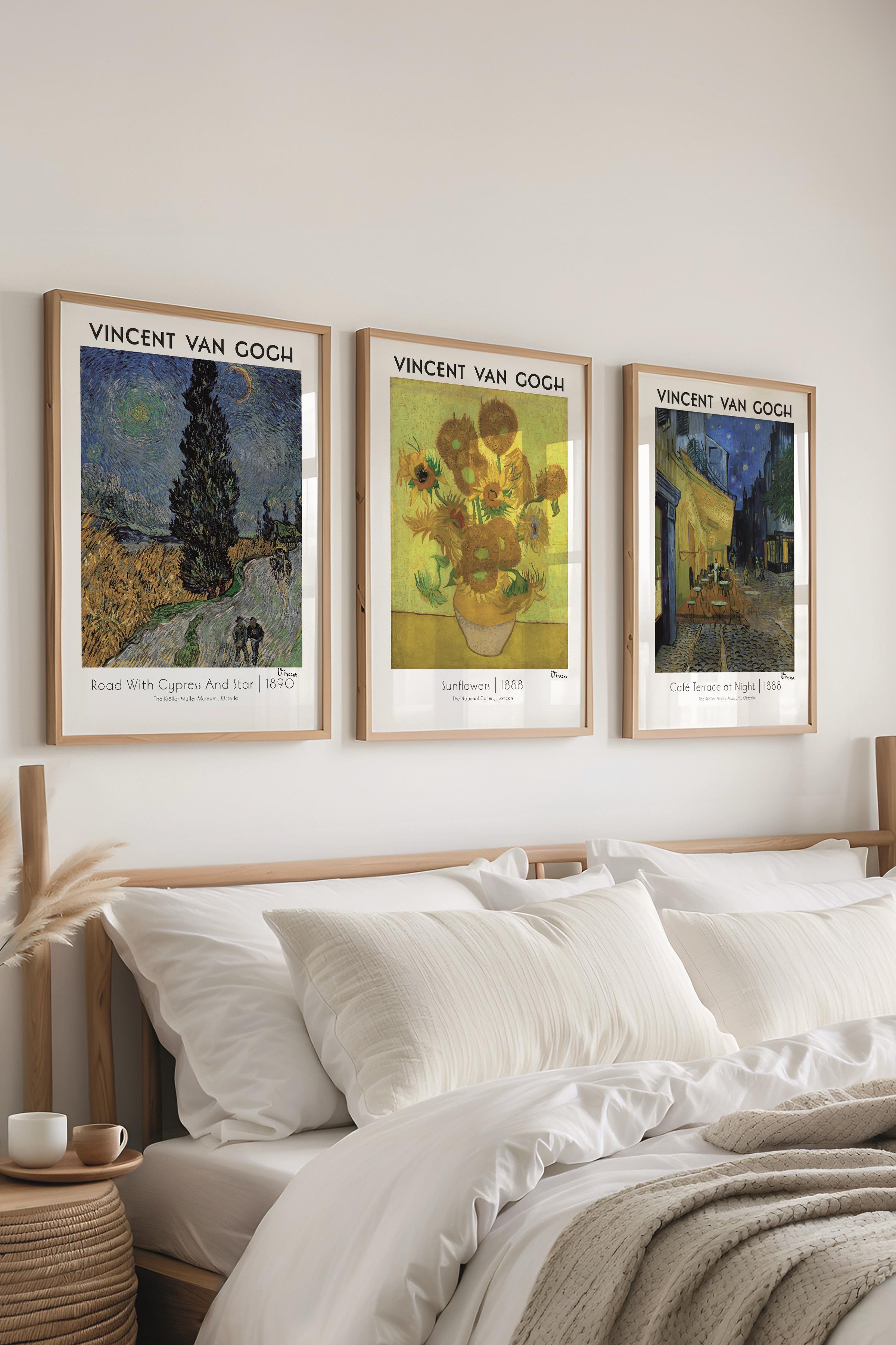 Van Gogh Tablo Seti, 3 Adet Ahşap Çerçeve ve Sanat Serisi Poster - Yatak Odası, Mutfak, Salon Dekoru