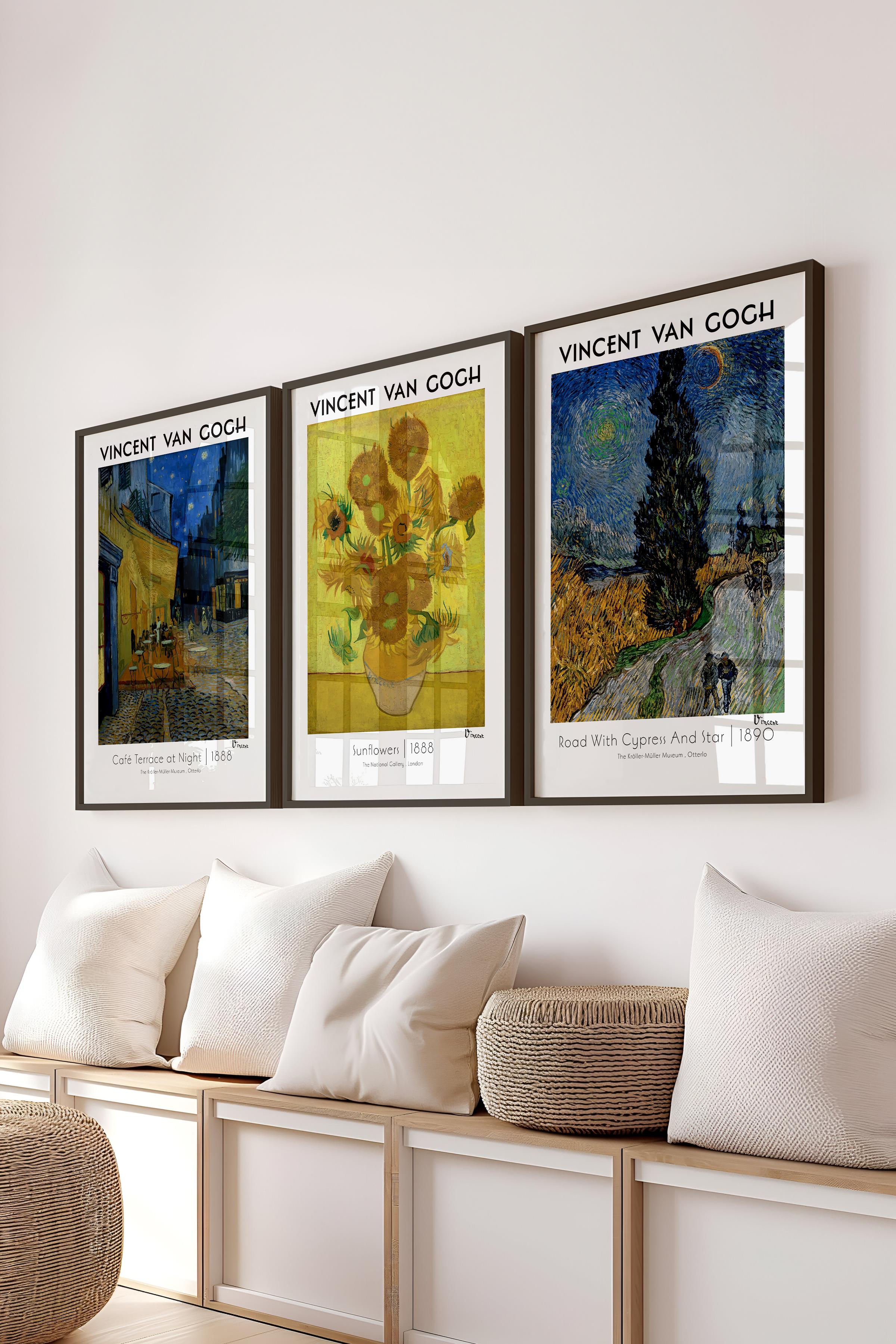 Van Gogh Tablo Seti, 3 Adet Siyah Çerçeve ve Sanat Serisi Poster - Yatak Odası, Mutfak, Salon Dekoru