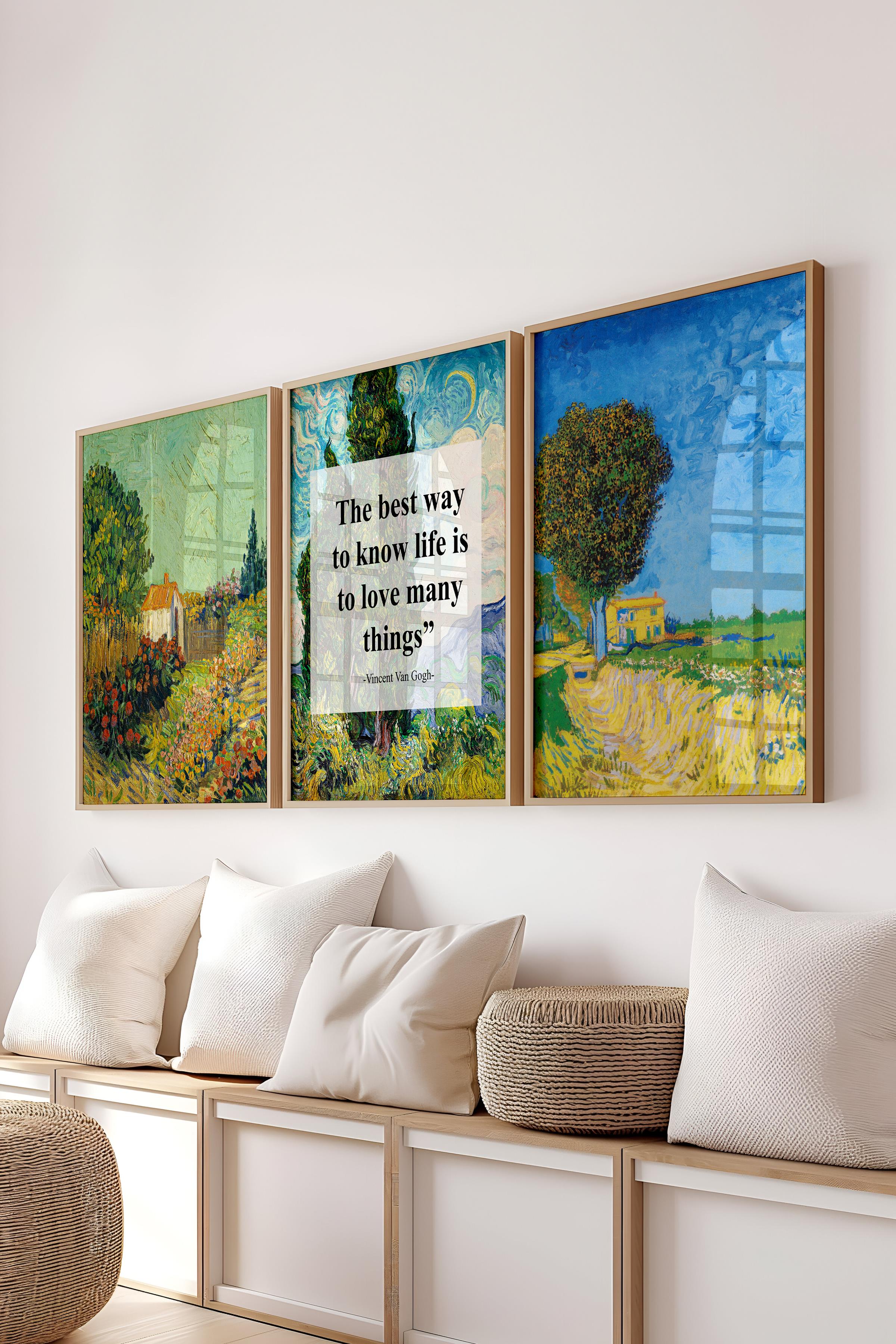 Van Gogh Tablo Seti, 3 Adet Ahşap Çerçeve ve Sanat Serisi Poster - Yatak Odası, Mutfak, Salon Dekoru