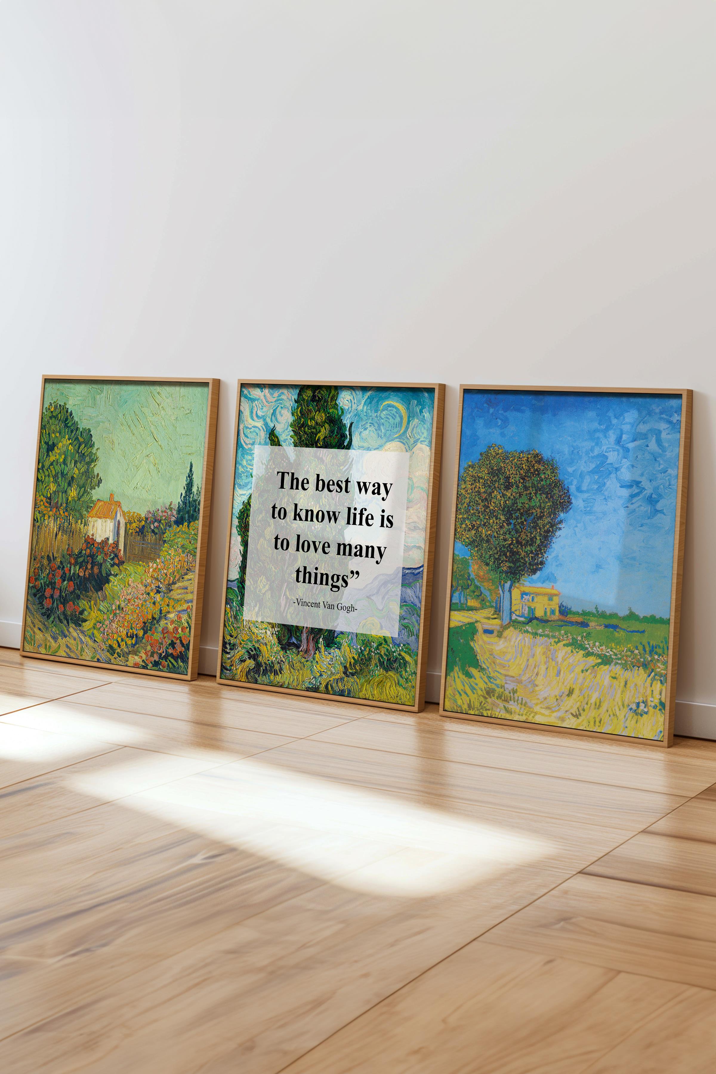 Van Gogh Tablo Seti, 3 Adet Ahşap Çerçeve ve Sanat Serisi Poster - Yatak Odası, Mutfak, Salon Dekoru