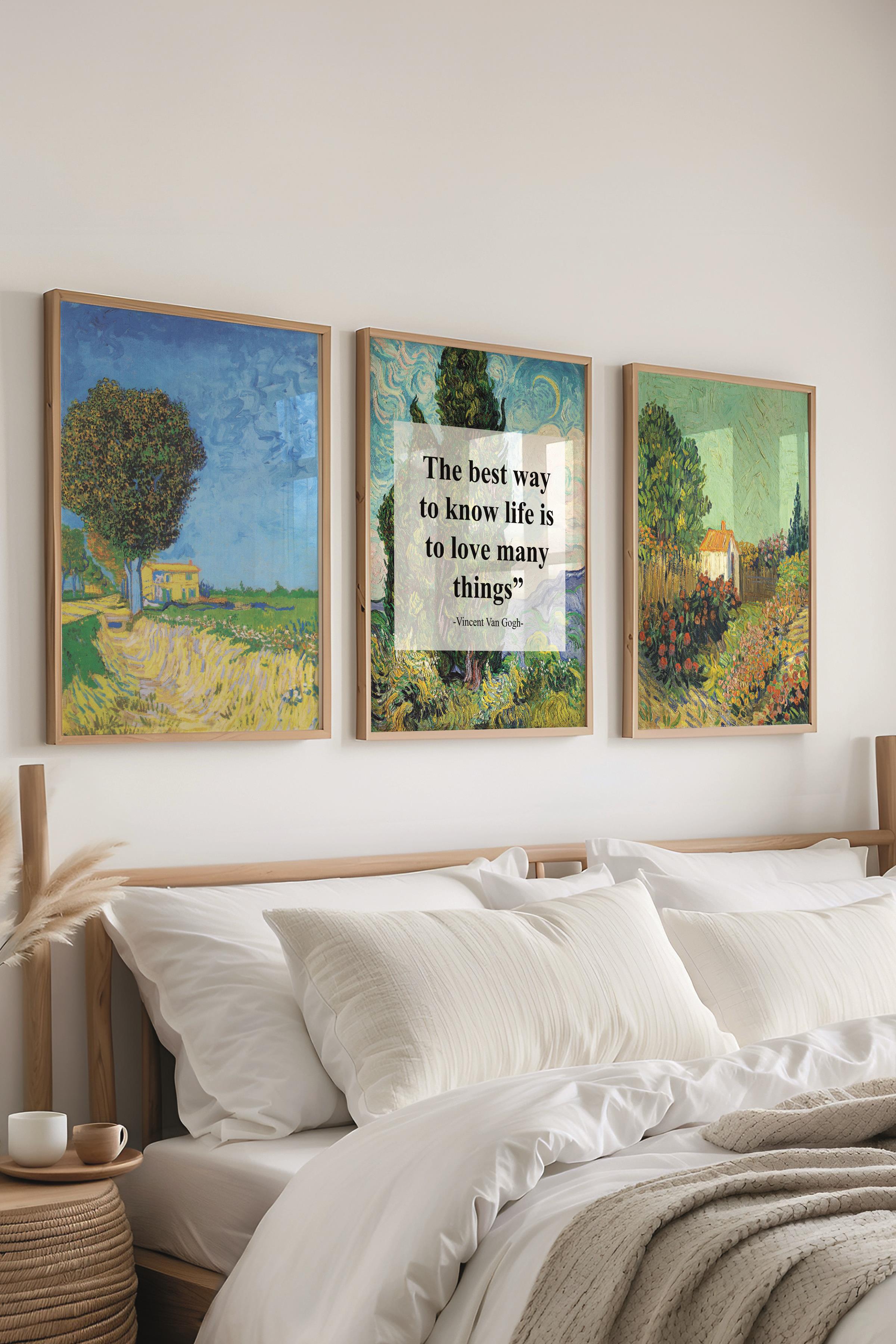 Van Gogh Tablo Seti, 3 Adet Ahşap Çerçeve ve Sanat Serisi Poster - Yatak Odası, Mutfak, Salon Dekoru