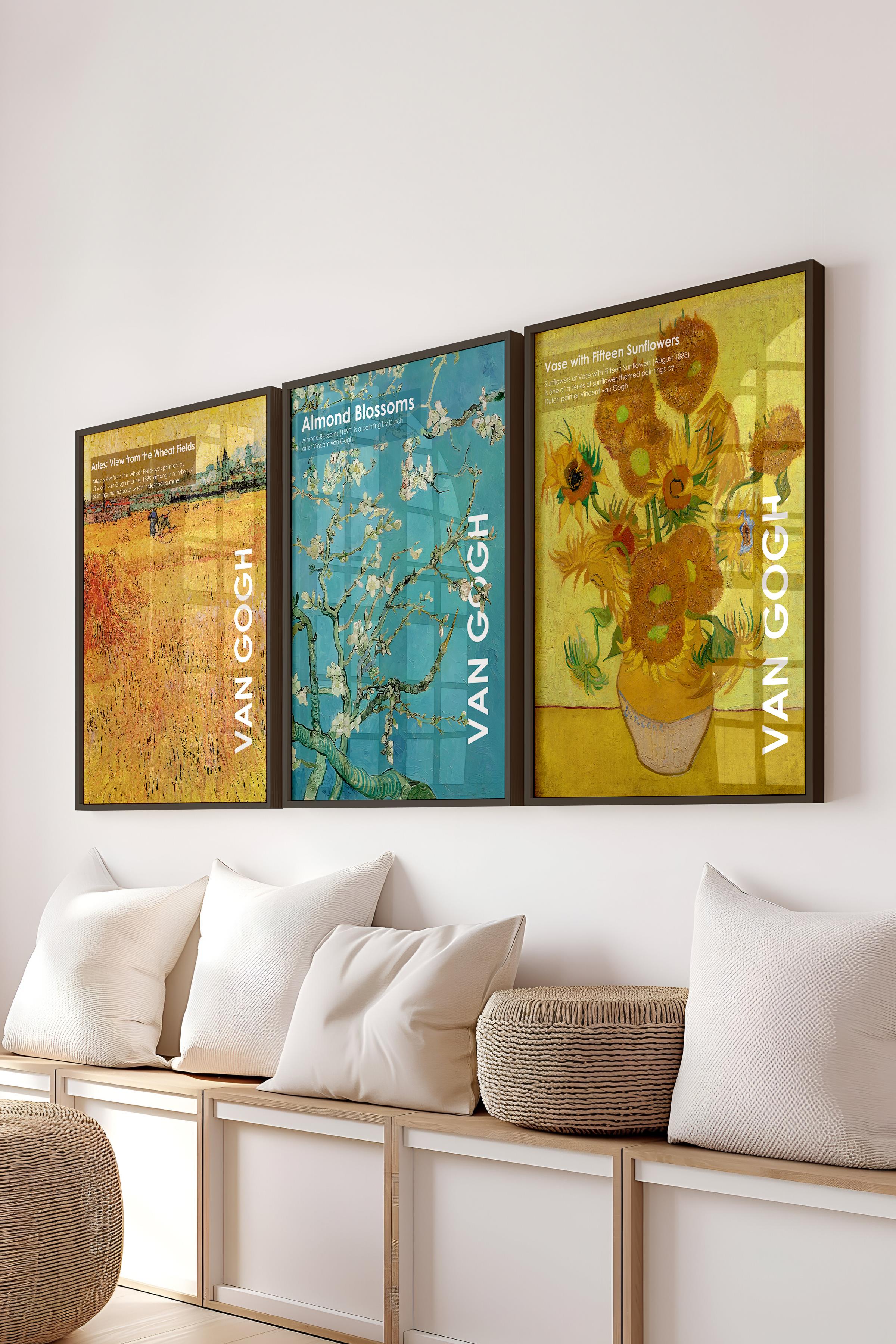 Van Gogh Tablo Seti, 3 Adet Siyah Çerçeve ve Sanat Serisi Poster - Yatak Odası, Mutfak, Salon Dekoru