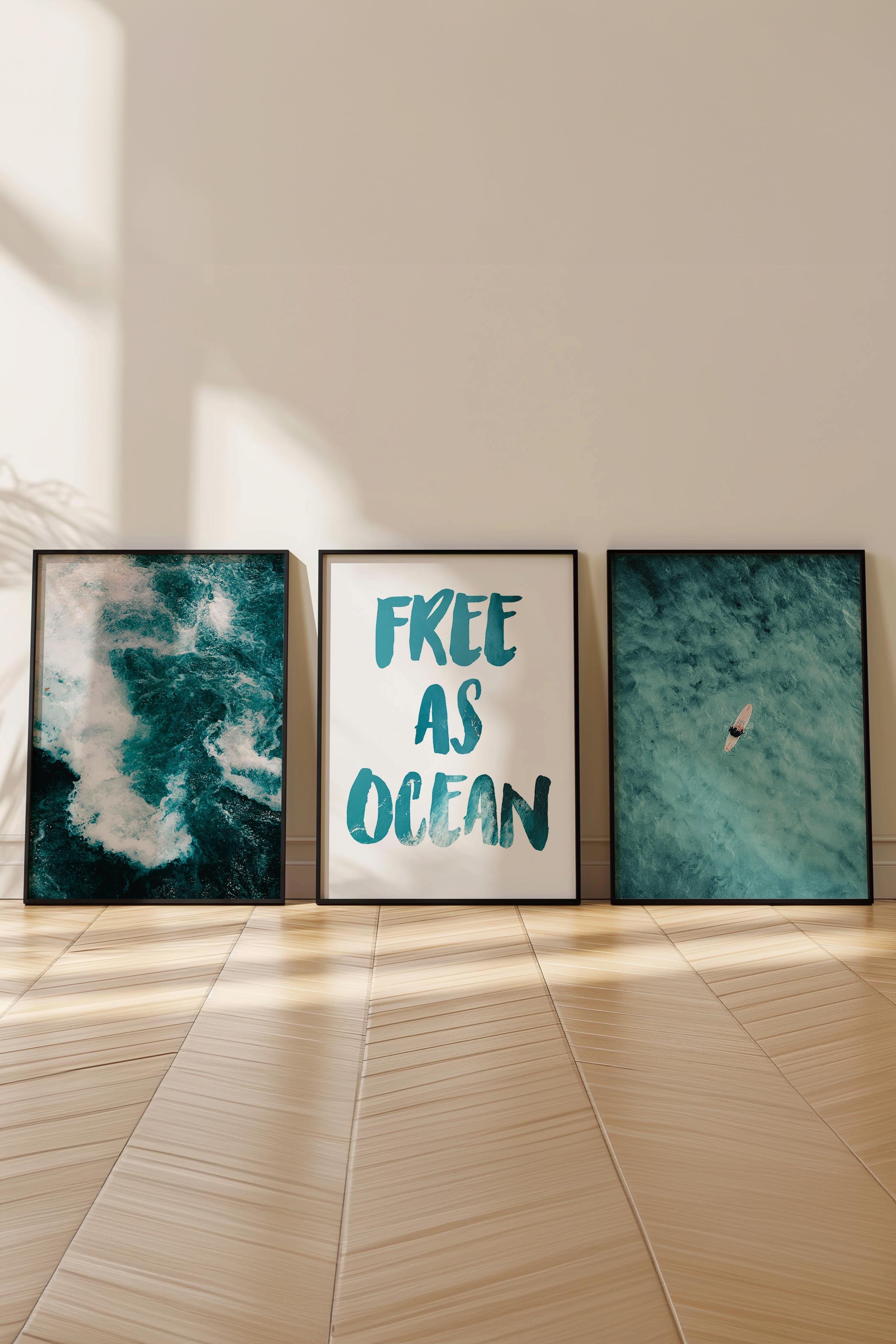 Soft Mavi Tablo Seti, 3 Adet Siyah Çerçeve ve Yaz Poster - Yatak Odası, Mutfak, Salon Duvar Dekoru