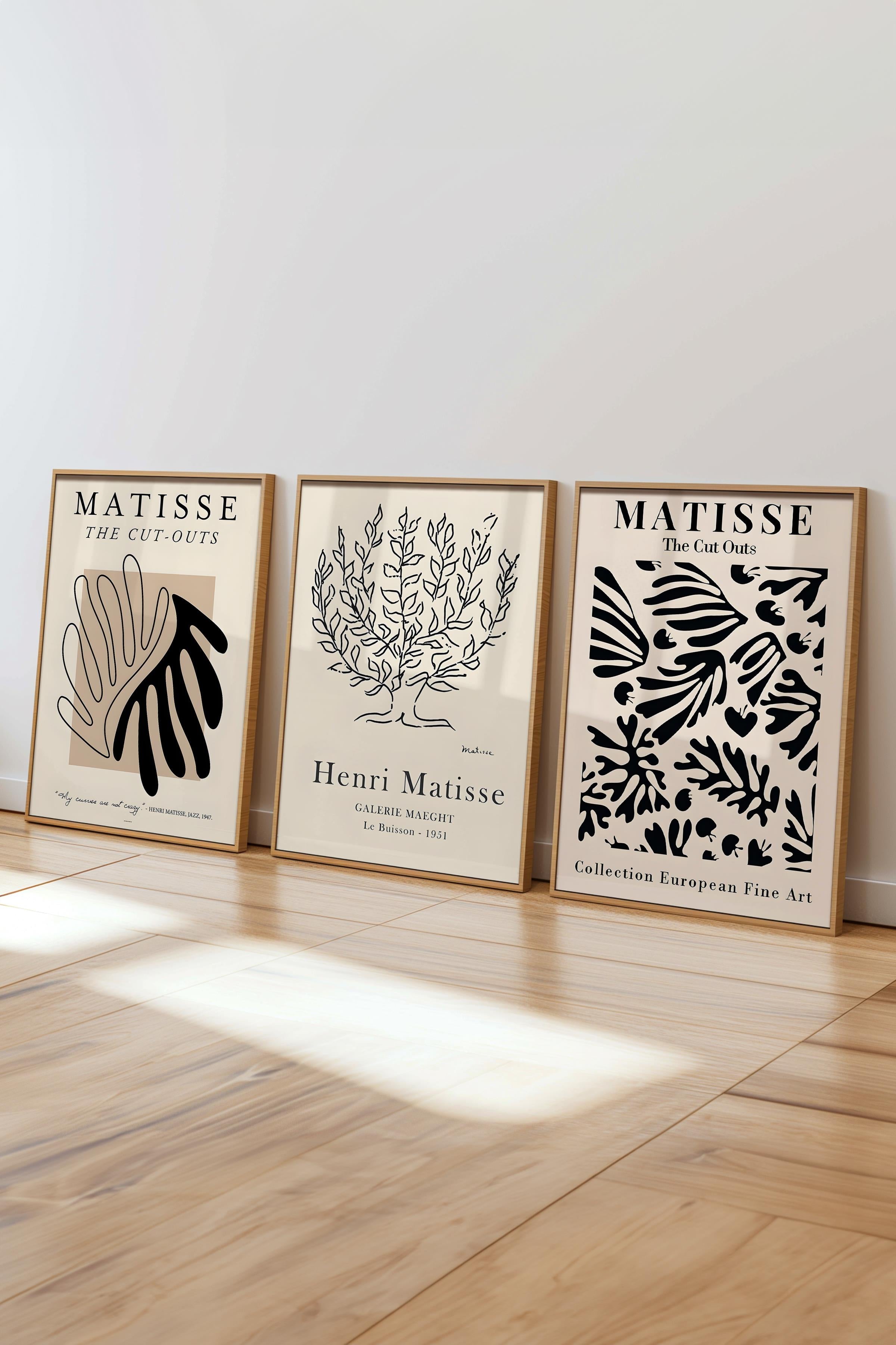 Matisse Tablo Seti, 3 Adet Ahşap Çerçeve ve Sanat Serisi Poster - Yatak Odası, Mutfak, Salon Dekoru