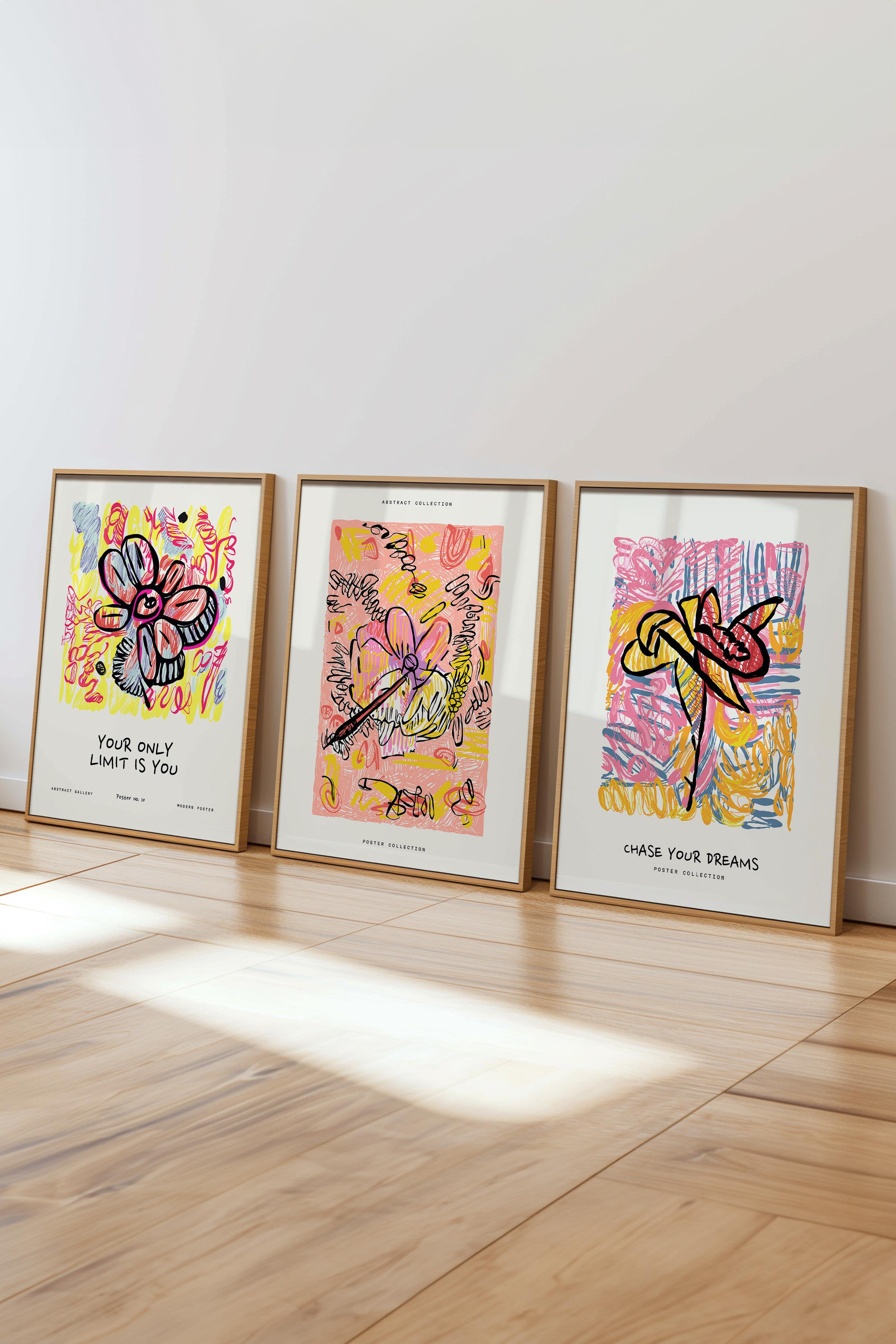 Renkli Minimalist Tablo Seti, 3 Adet Ahşap Çerçeve ve Poster - Yatak Odası, Salon, Mutfak Dekoru
