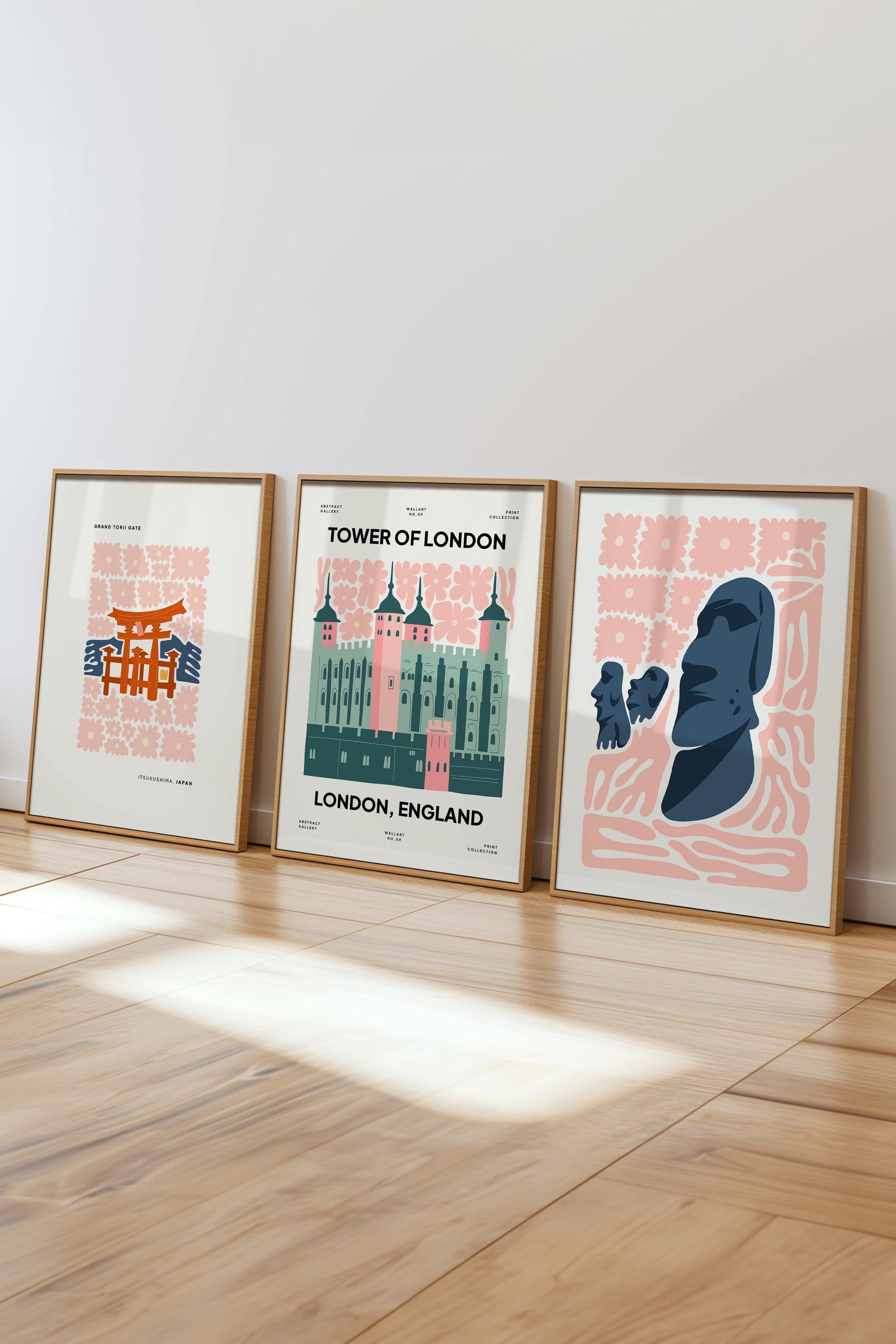 Pembe Minimaslit Tablo Seti, 3 Adet Ahşap Çerçeve ve Gezi Poster - Yatak Odası, Salon, Mutfak Dekoru