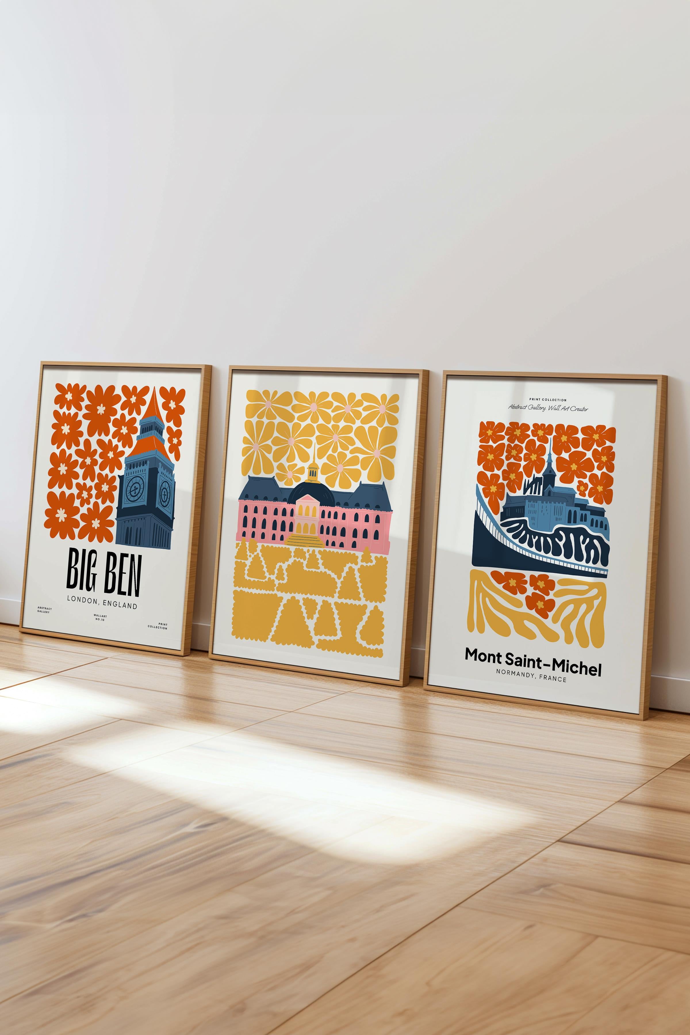 Renkli Minimaslit Tablo Seti, 3 Adet Ahşap Çerçeve ve Gezi Poster - Yatak Odası, Salon, Mutfak Dekor