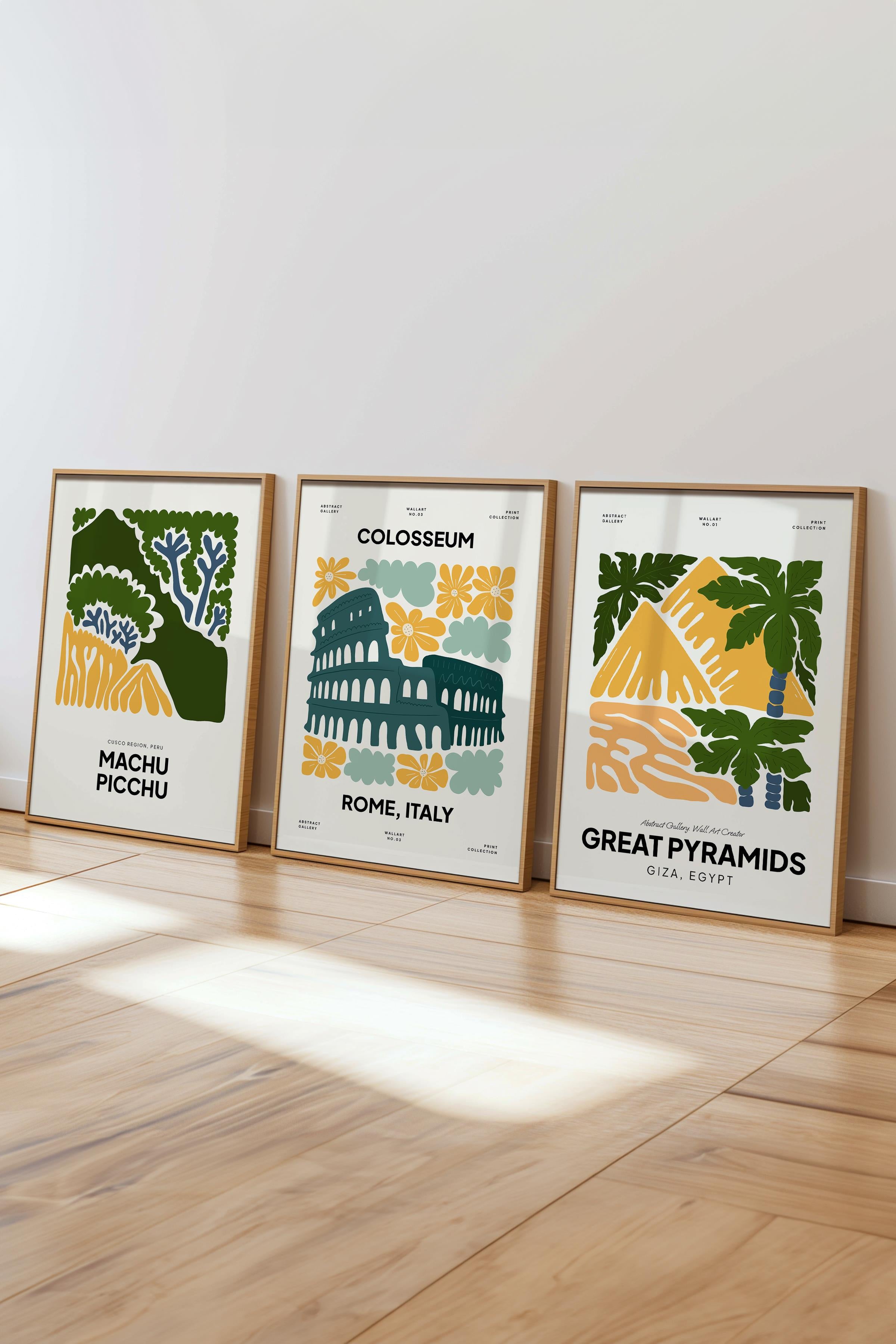 Yeşil Minimaslit Tablo Seti, 3 Adet Ahşap Çerçeve ve Gezi Poster - Yatak Odası, Salon, Mutfak Dekoru