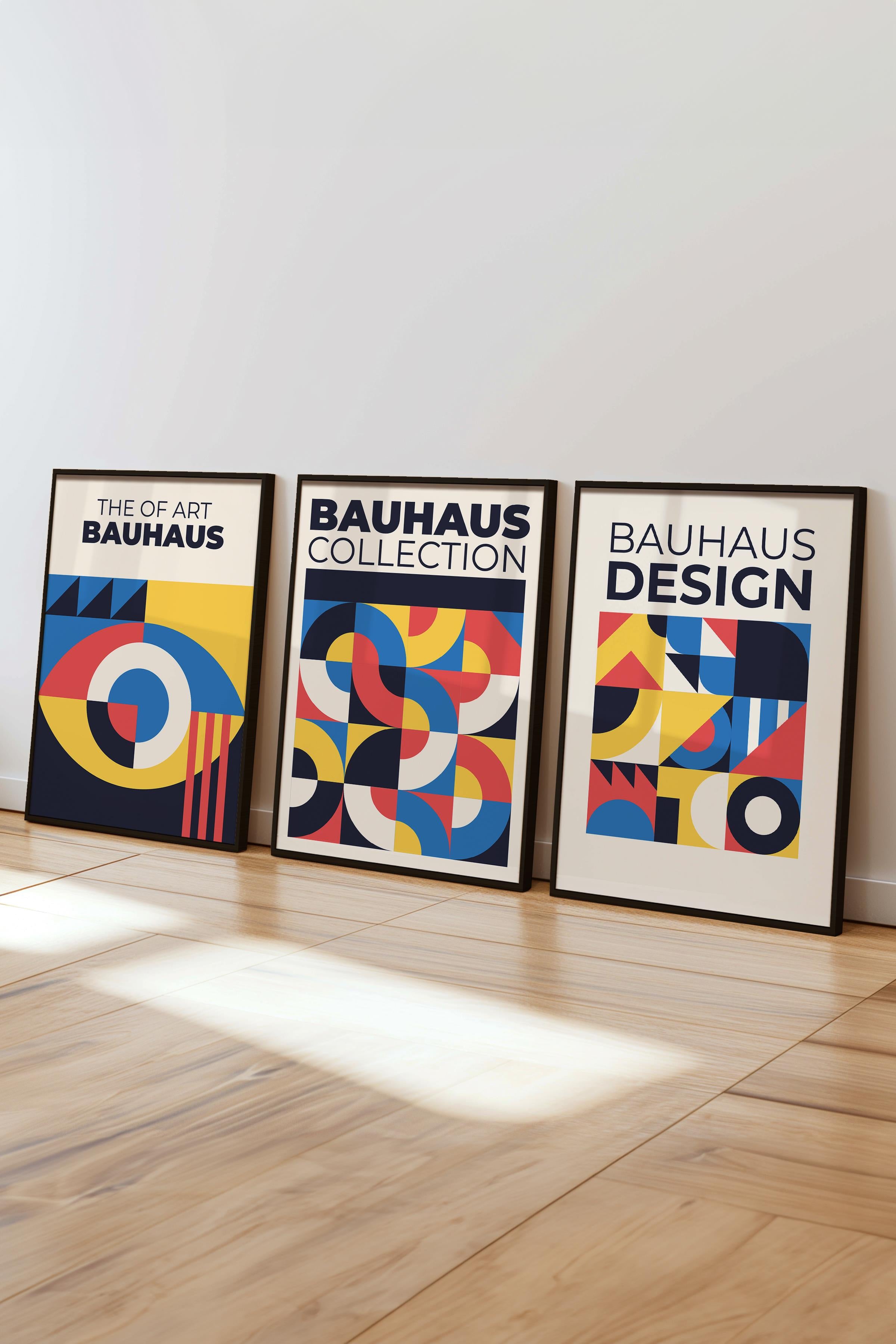 Renkli Tablo Seti, 3 Adet Siyah Çerçeve ve Bauhaus Poster - Yatak Odası, Salon, Mutfak Dekoru