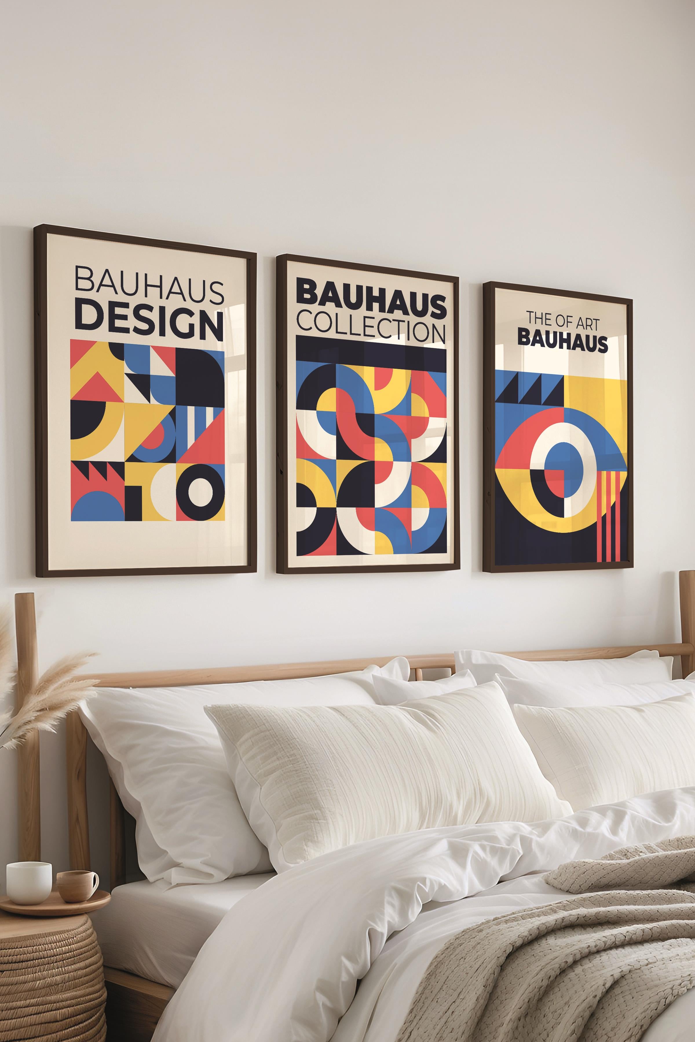 Renkli Tablo Seti, 3 Adet Siyah Çerçeve ve Bauhaus Poster - Yatak Odası, Salon, Mutfak Dekoru