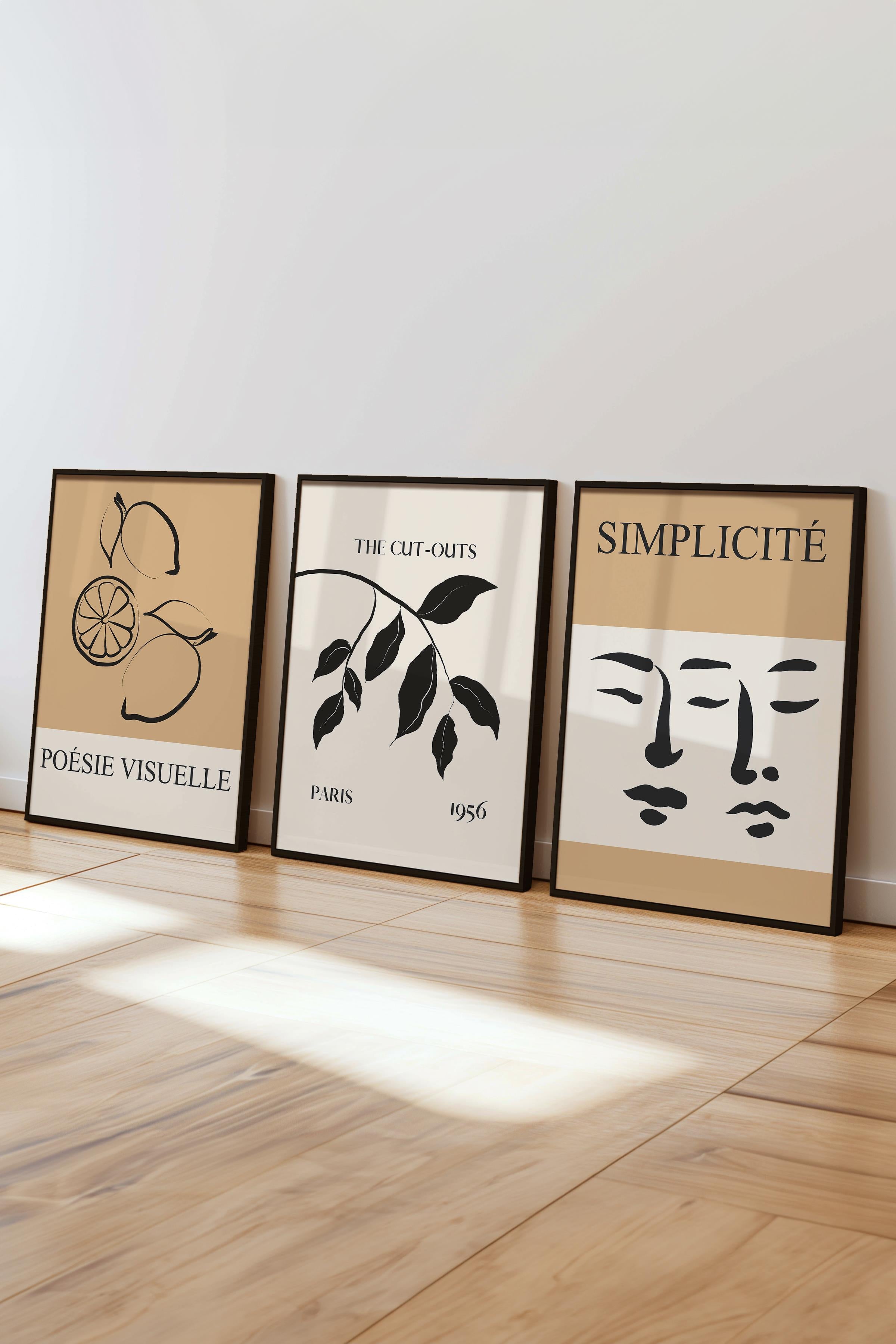 Kahverengi Minimalist Tablo Seti, 3 Adet Siyah Çerçeve ve Poster - Mutfak, Salon, Yatak Odası Dekoru
