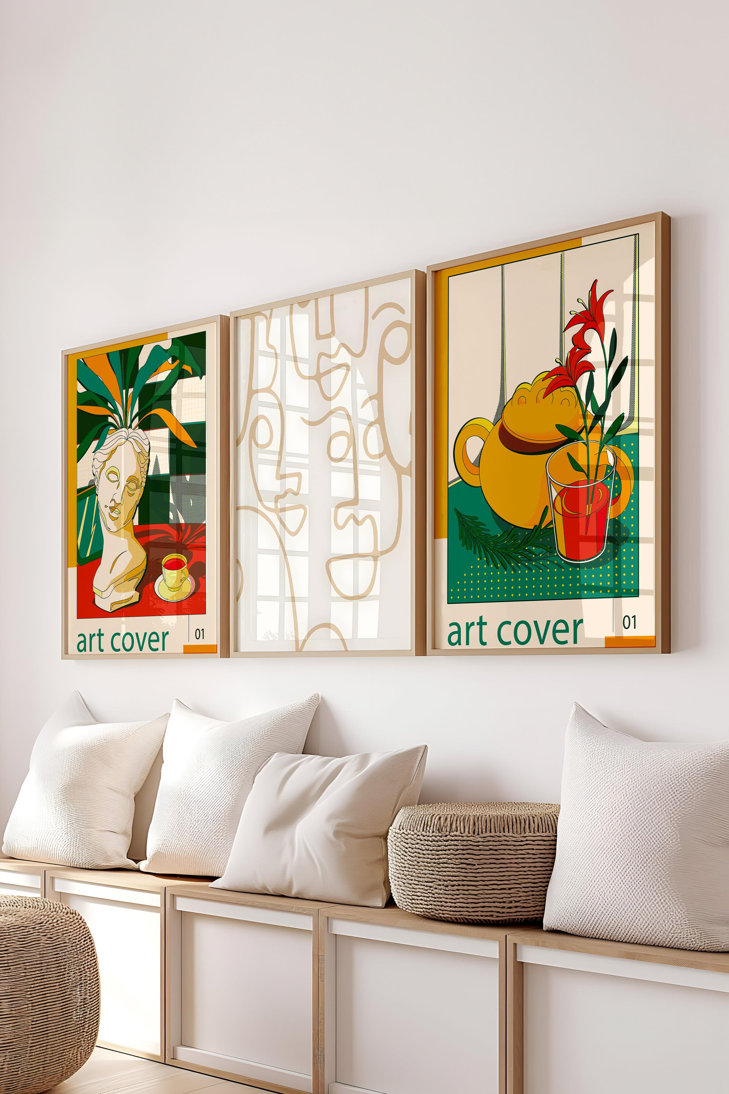 Minimalist Tablo Seti, 3 Adet Ahşap Çerçeve ve Poster - Mutfak, Salon, Yatak Odası Duvar Dekoru