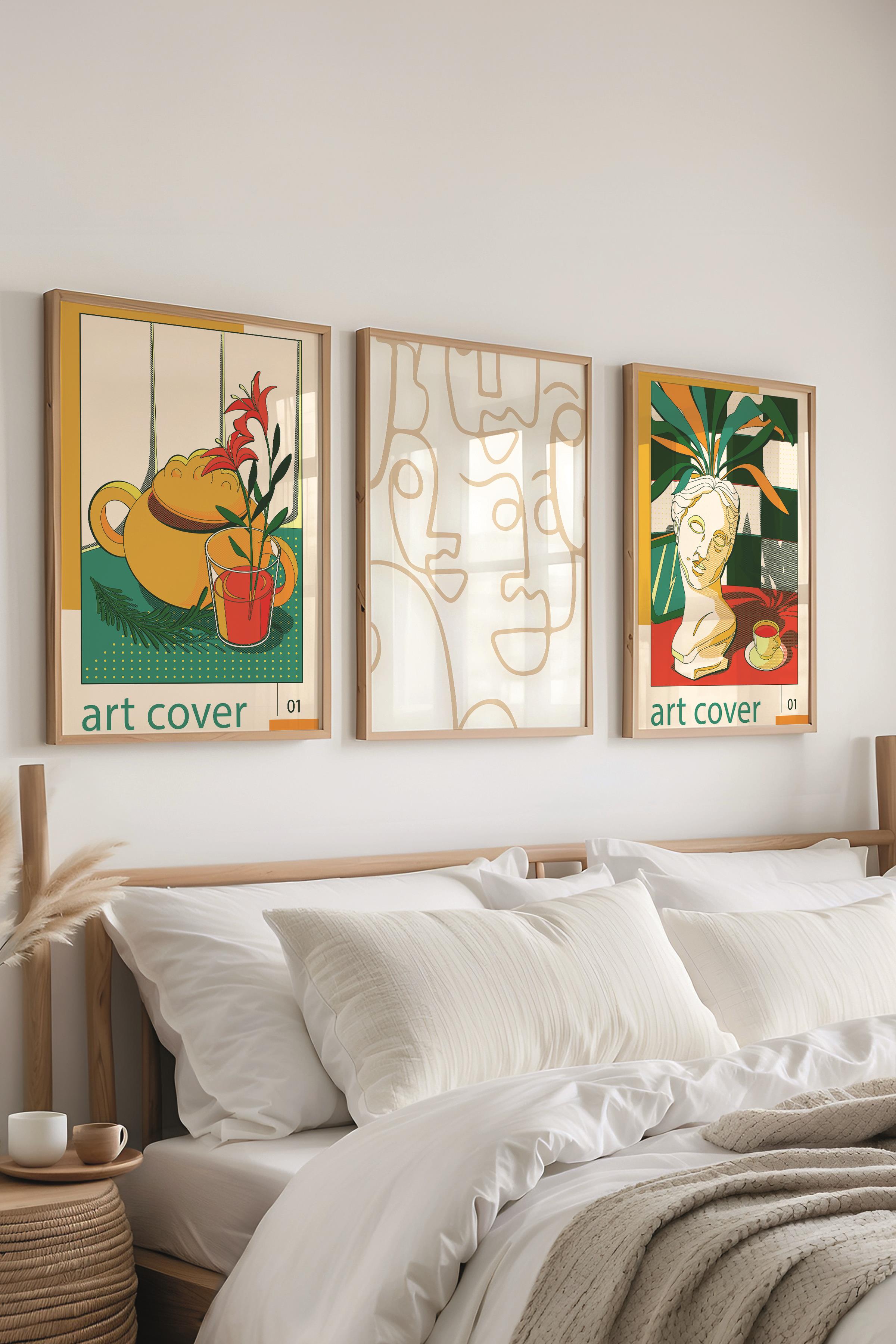 Minimalist Tablo Seti, 3 Adet Ahşap Çerçeve ve Poster - Mutfak, Salon, Yatak Odası Duvar Dekoru