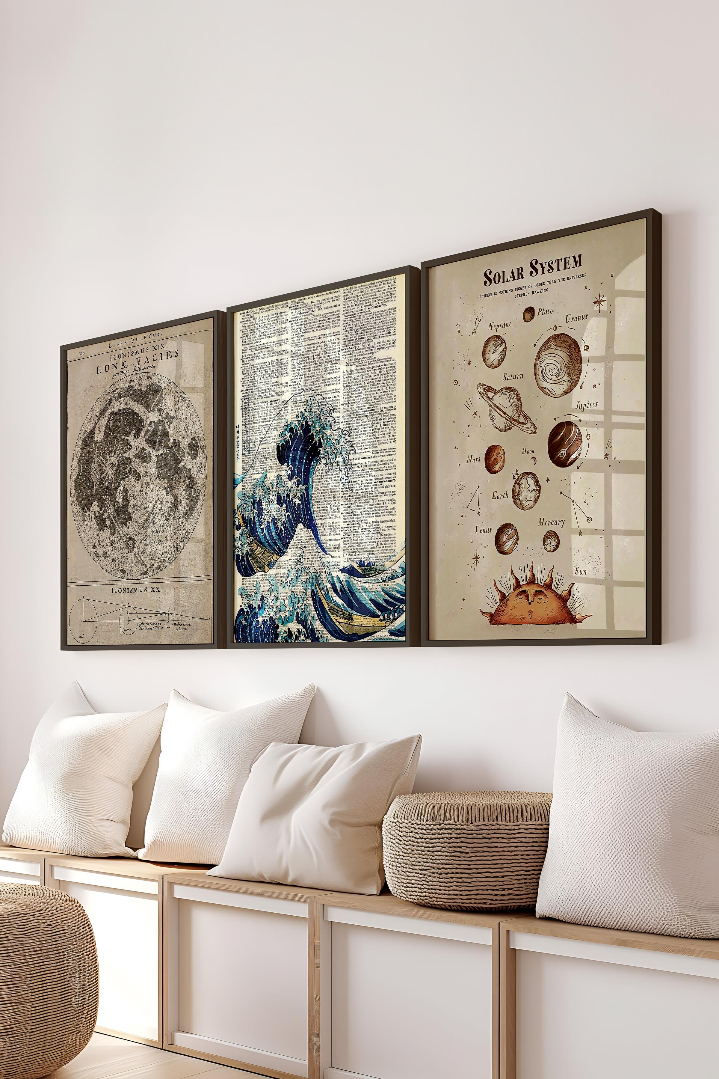 Vintage Tablo Seti, 3 Adet Siyah Çerçeve ve Poster - Yatak Odası, Mutfak, Salon Duvar Dekorasyon