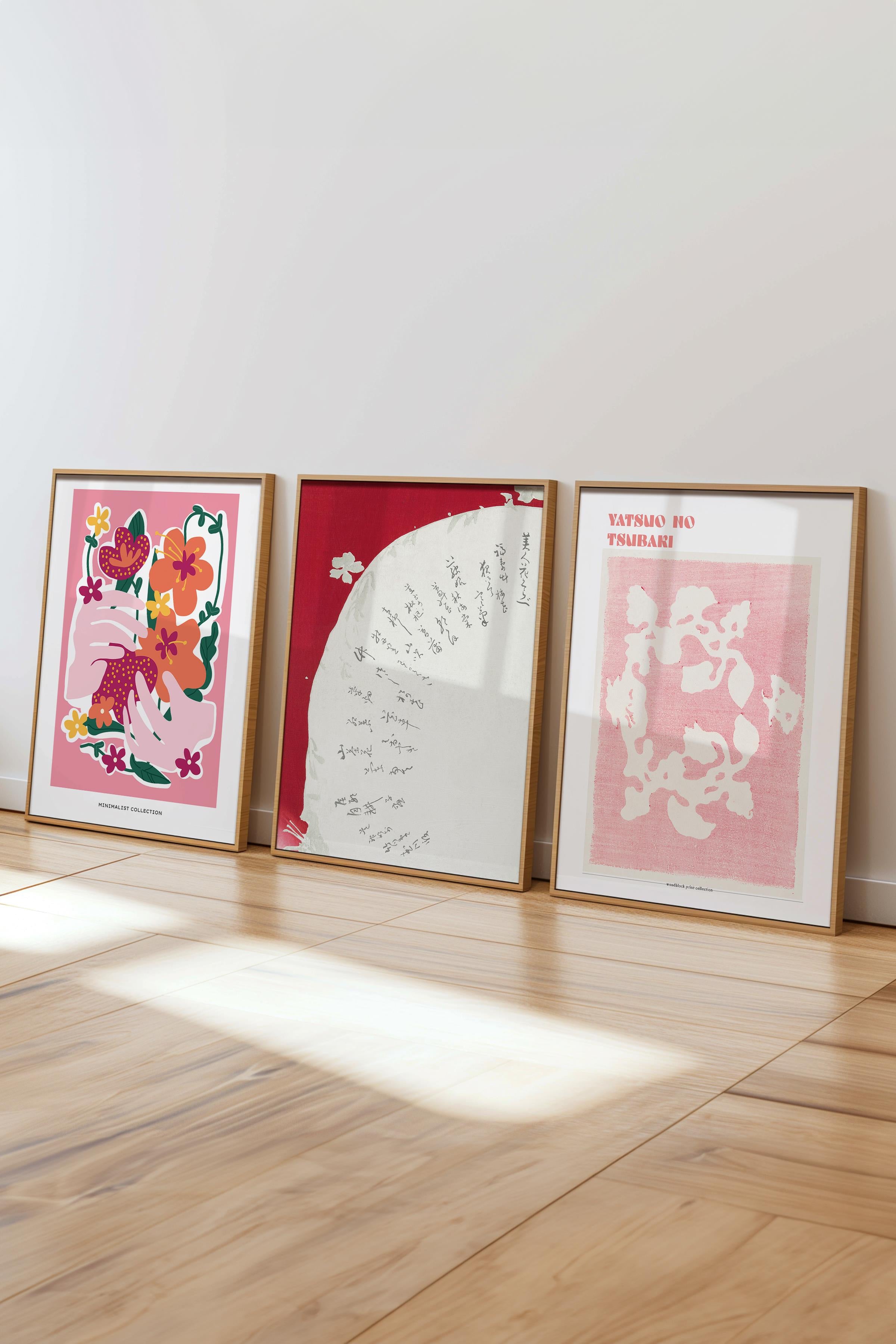 Vintage Tablo Seti, 3 Adet Ahşap Çerçeve ve Pembe Poster - Yatak Odası, Mutfak, Salon Duvar Dekoru