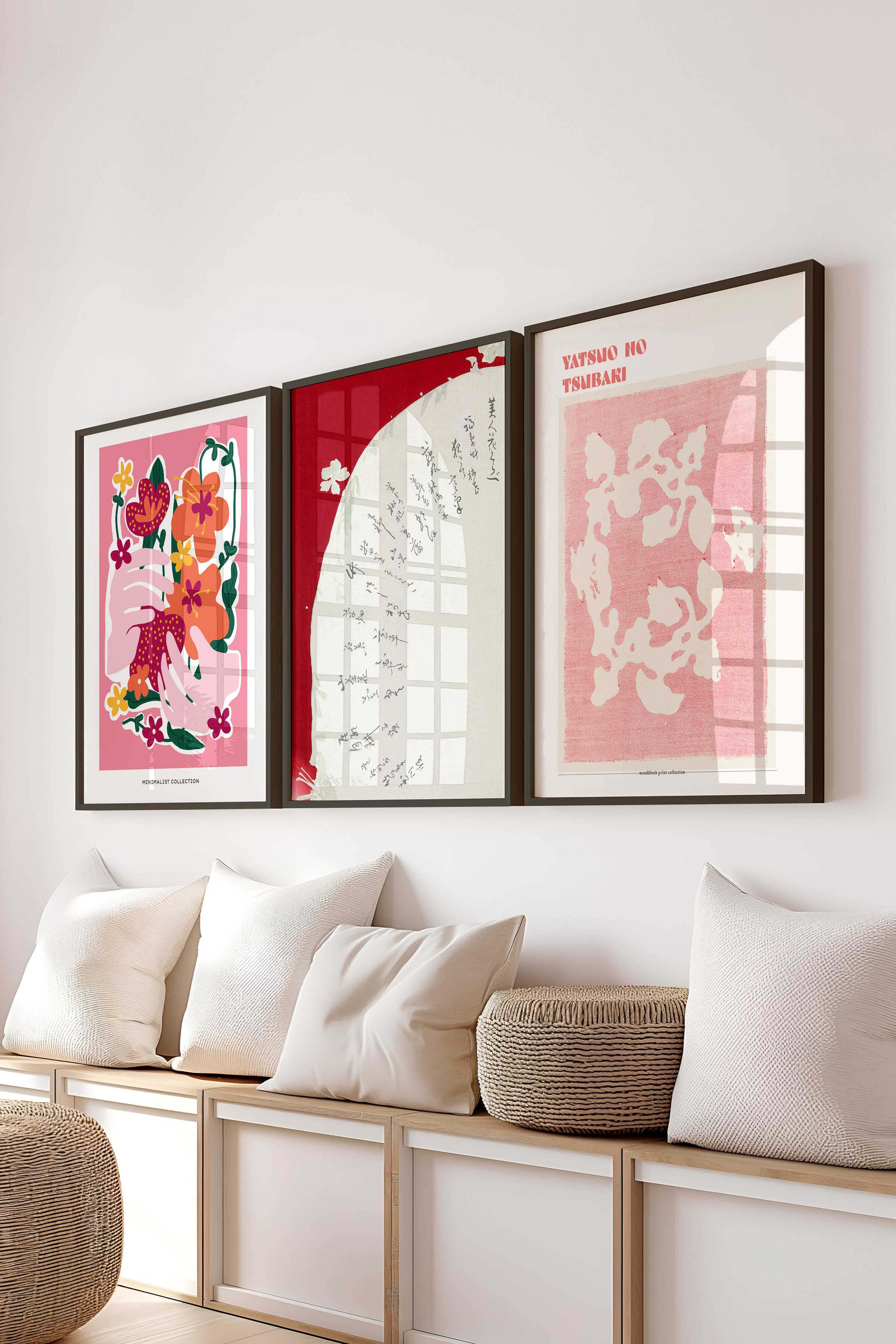 Vintage Tablo Seti, 3 Adet Siyah Çerçeve ve Pembe Poster - Yatak Odası, Mutfak, Salon Duvar Dekoru