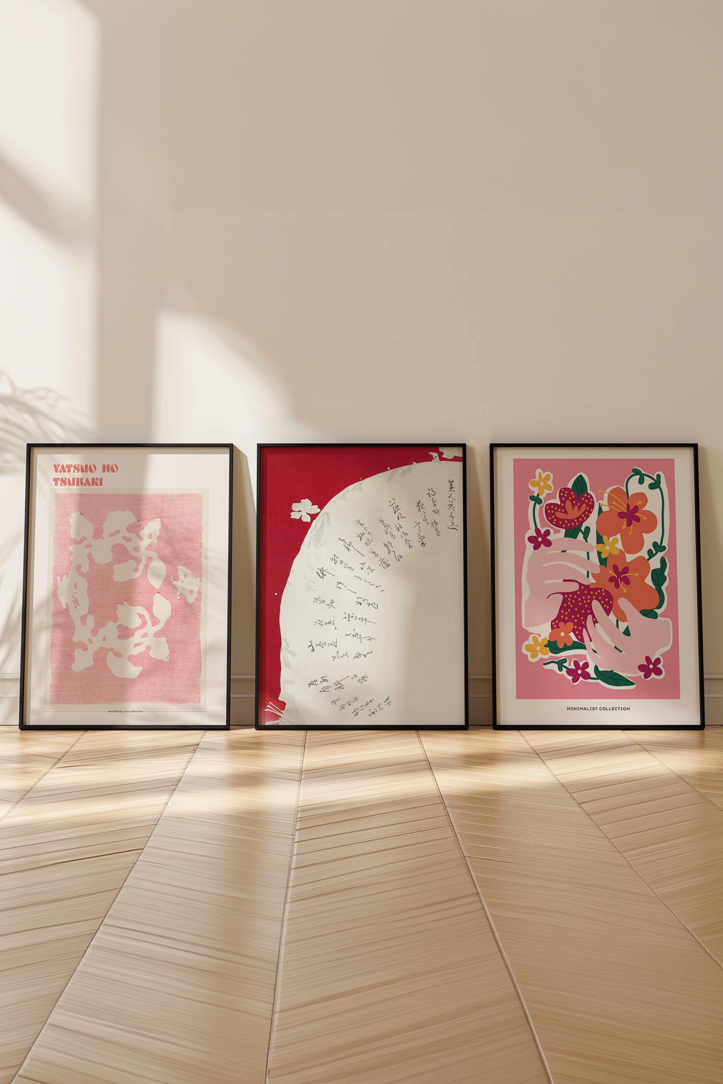 Vintage Tablo Seti, 3 Adet Siyah Çerçeve ve Pembe Poster - Yatak Odası, Mutfak, Salon Duvar Dekoru