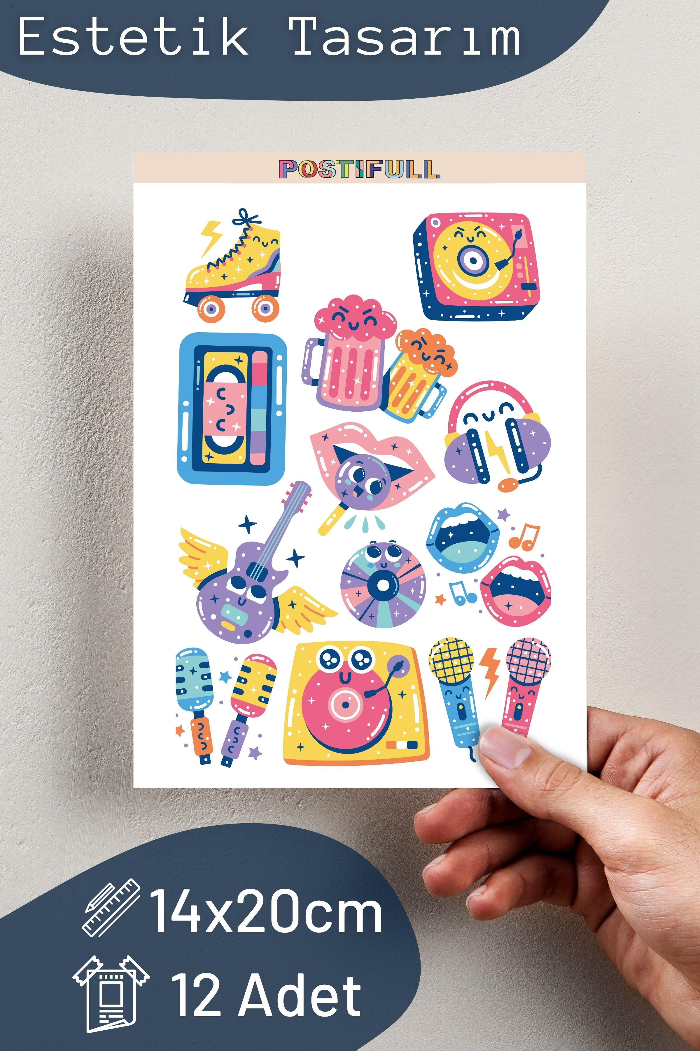 90'lar Müzik Temalı Sticker ve Etiket Seti - Orta Boy - Su Geçirmez, Kalın Yapışkanlı Sticker Seti