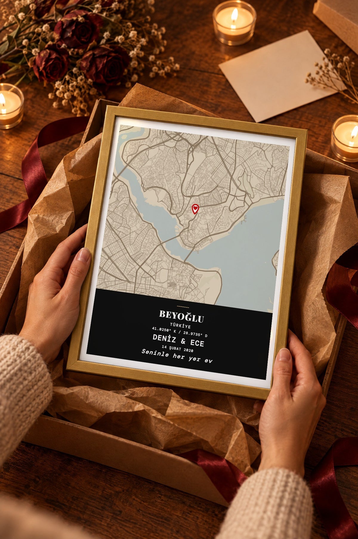 Klasik Vintage Anı Haritası Tablosu – hediye, Gold çerçeve