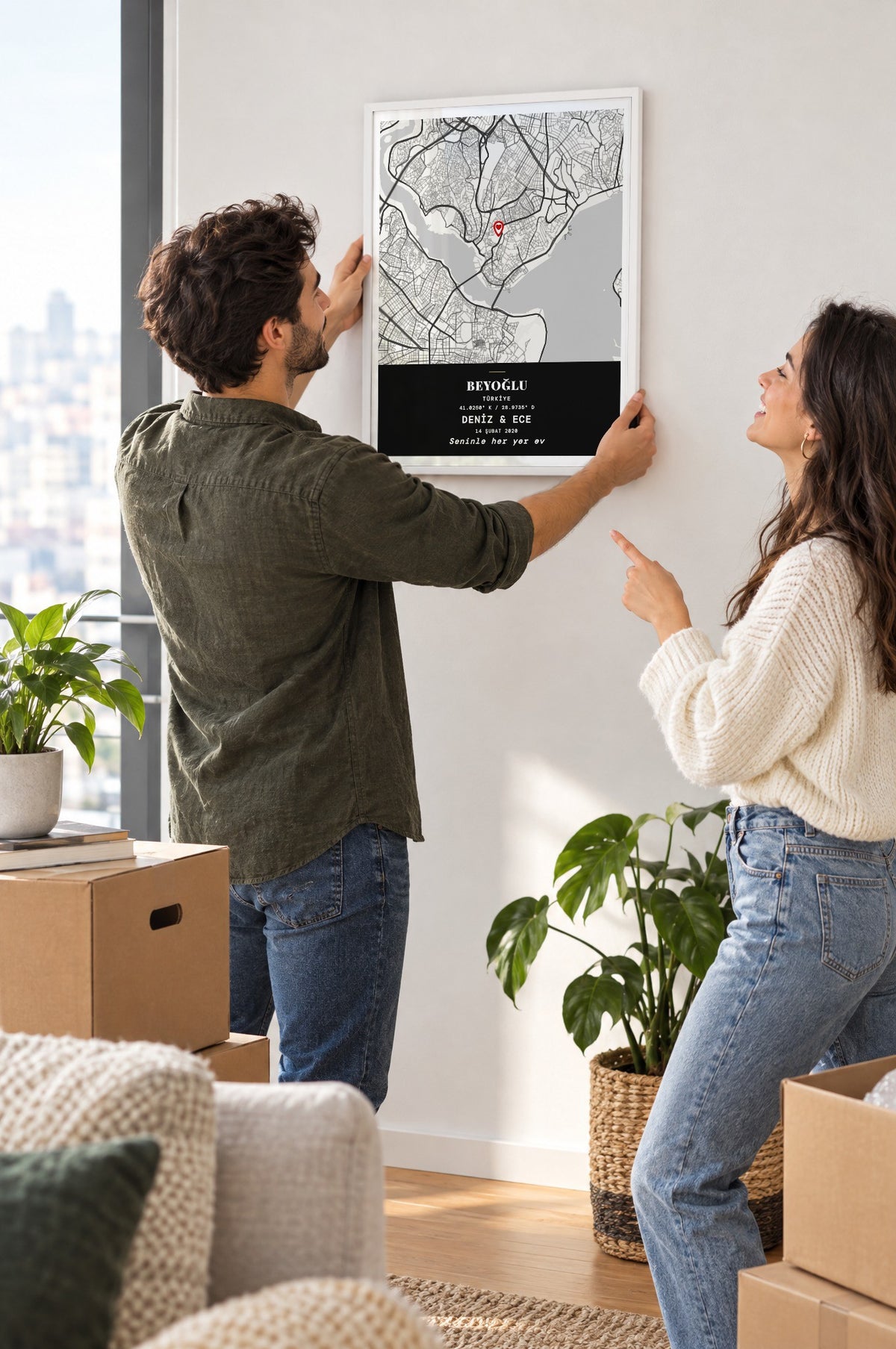 Klasik Monokrom Anı Haritası Tablosu – yaşam, Beyaz çerçeve