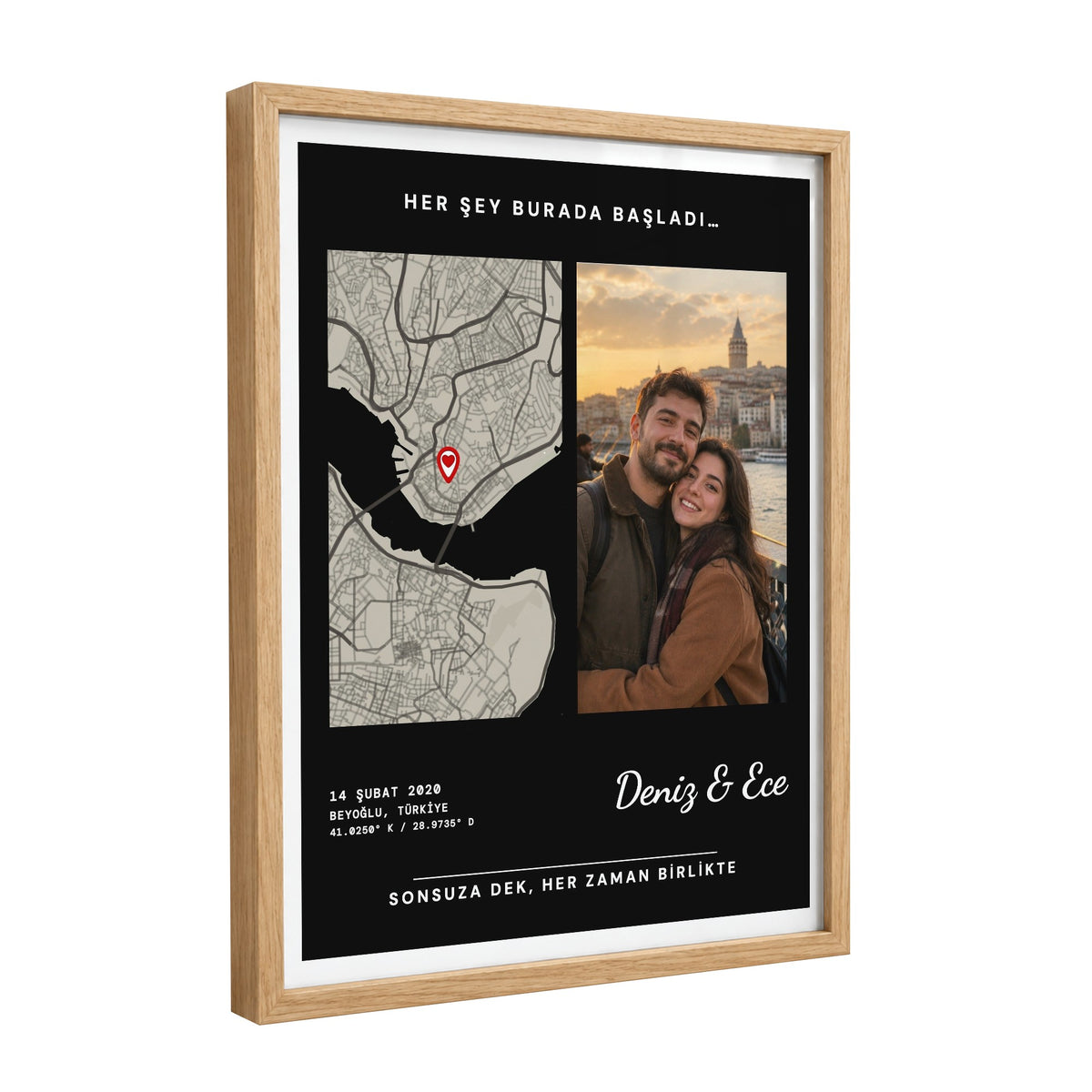 Fotoğraflı Koyu Anı Haritası Tablosu – Ahşap Çerçeve