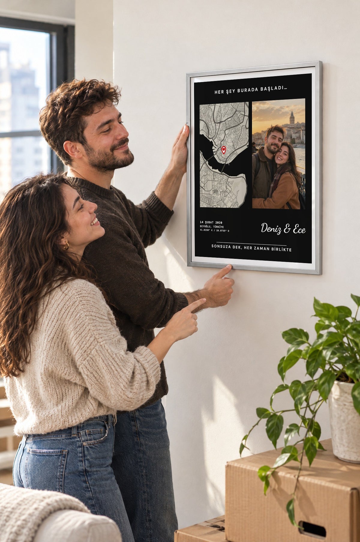 Fotoğraflı Koyu Anı Haritası Tablosu – yaşam, Gümüş çerçeve