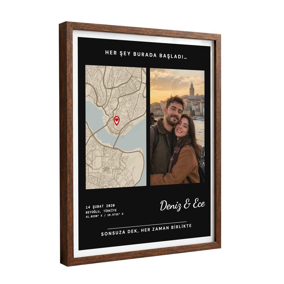 Fotoğraflı Vintage Anı Haritası Tablosu – Kahverengi Çerçeve