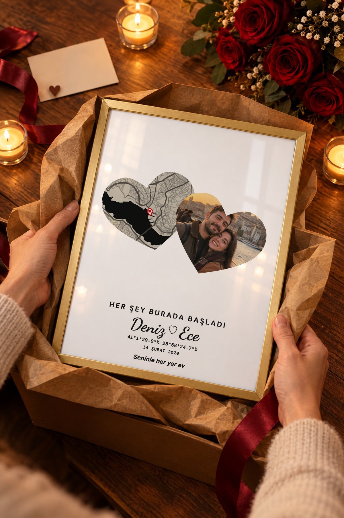 Fotoğraflı Kalp Koyu Anı Haritası Tablosu – hediye, Gold çerçeve