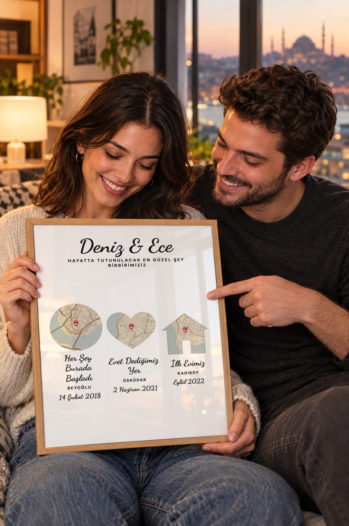 Üç Durak Vintage Anı Haritası Tablosu – yaşam, Ahşap çerçeve