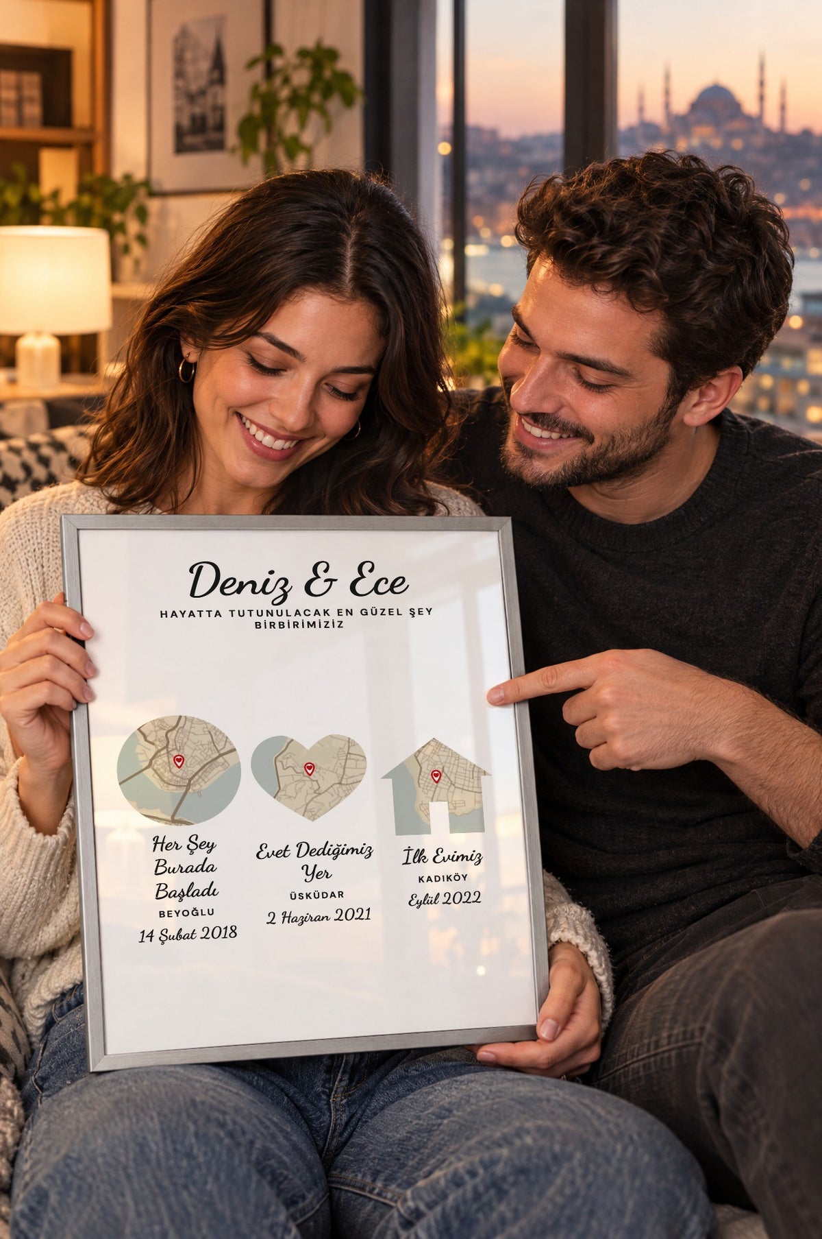 Üç Durak Vintage Anı Haritası Tablosu – yaşam, Gümüş çerçeve