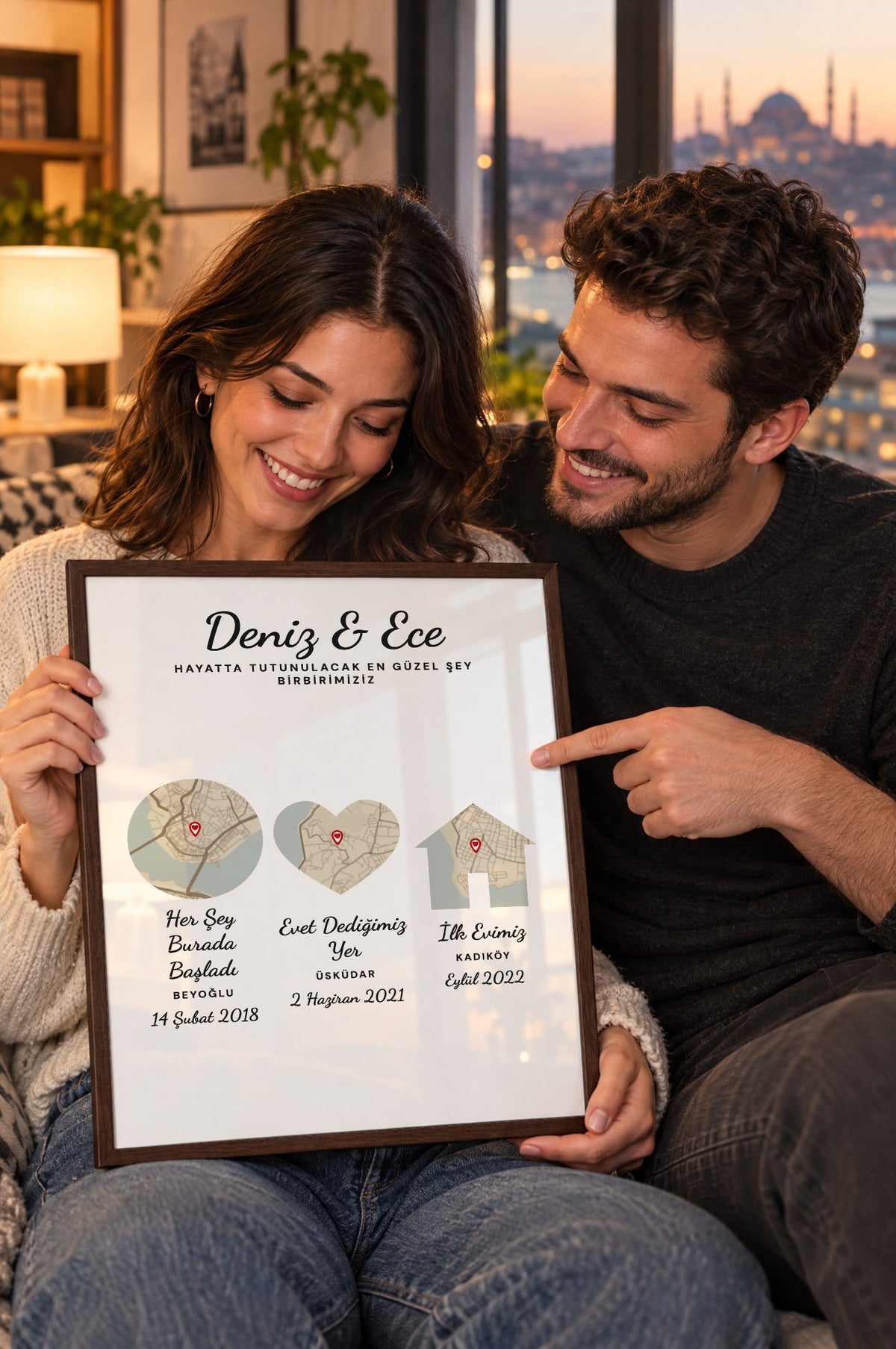 Üç Durak Vintage Anı Haritası Tablosu – yaşam, Kahverengi çerçeve