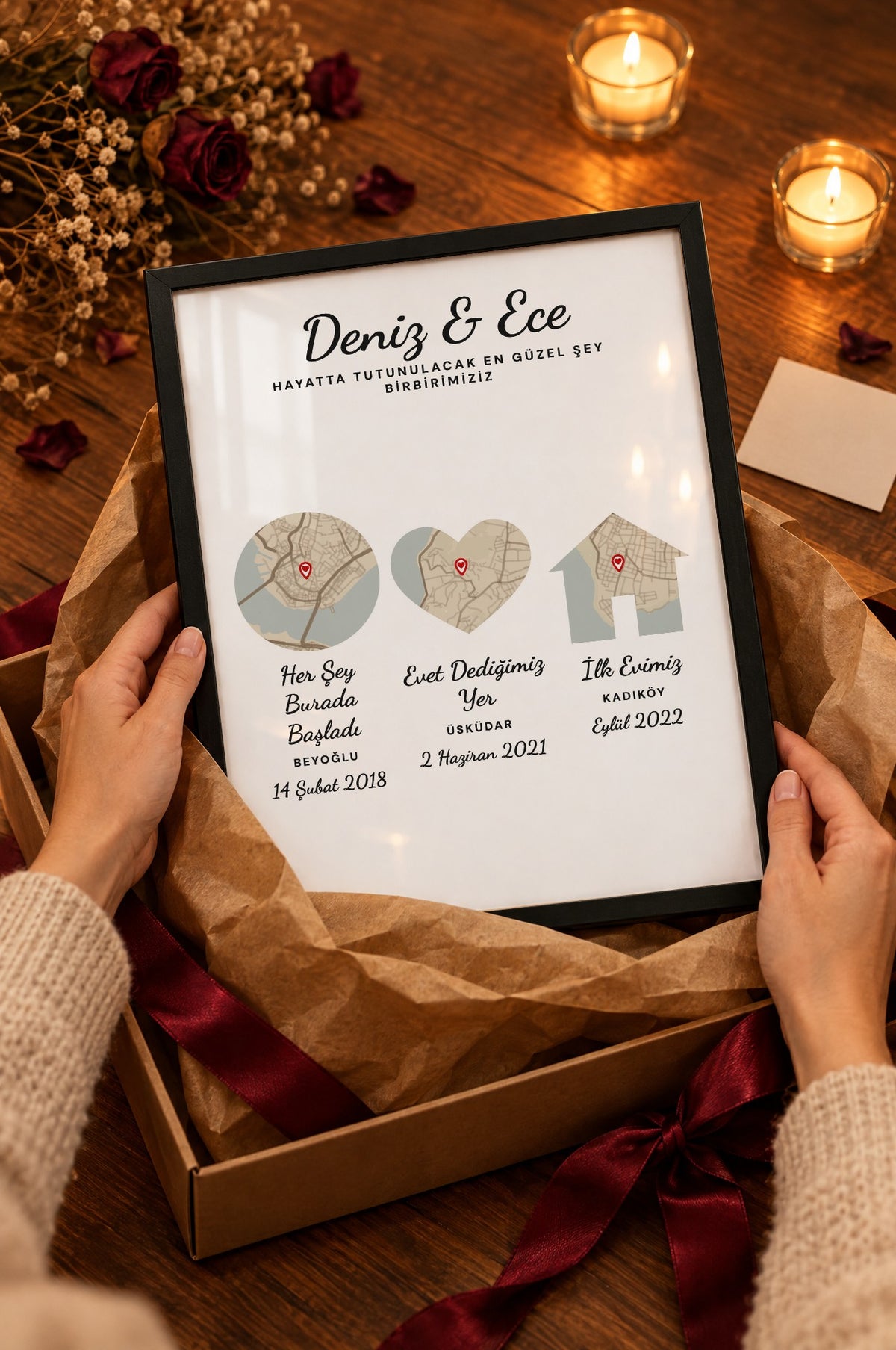 Üç Durak Vintage Anı Haritası Tablosu – hediye, Siyah çerçeve