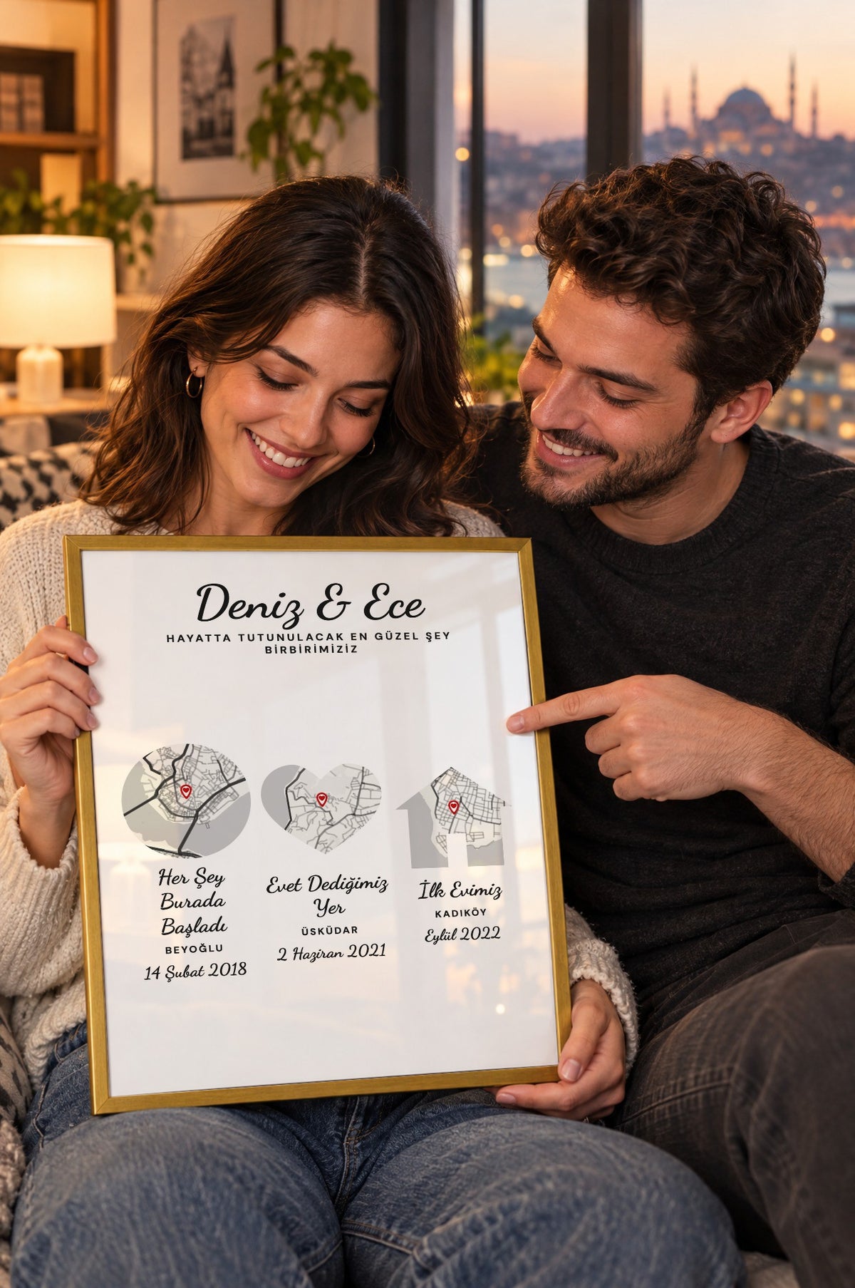 Üç Durak Monokrom Anı Haritası Tablosu – yaşam, Gold çerçeve