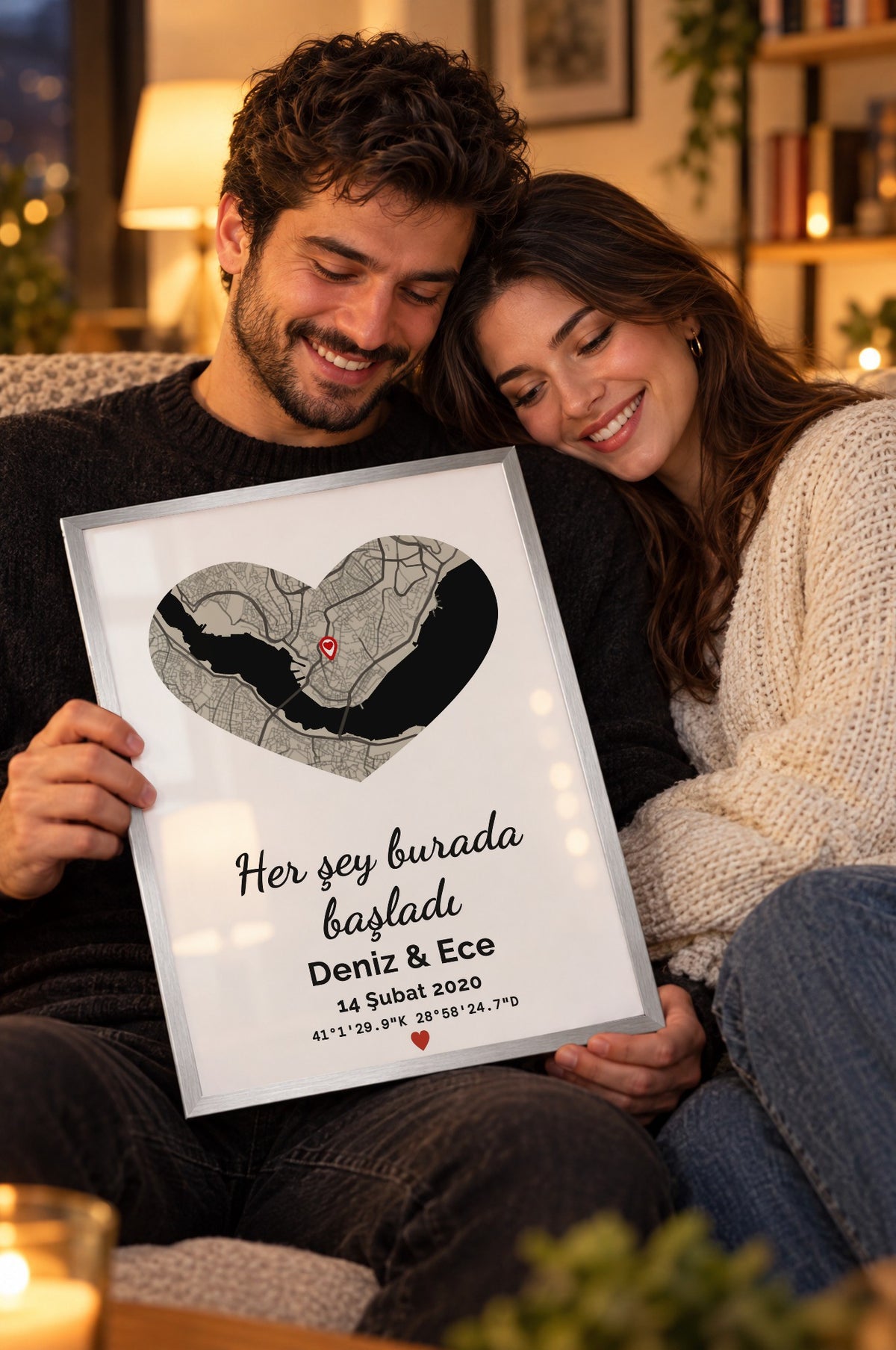 Kalp Koyu Anı Haritası Tablosu – yaşam, Gümüş çerçeve