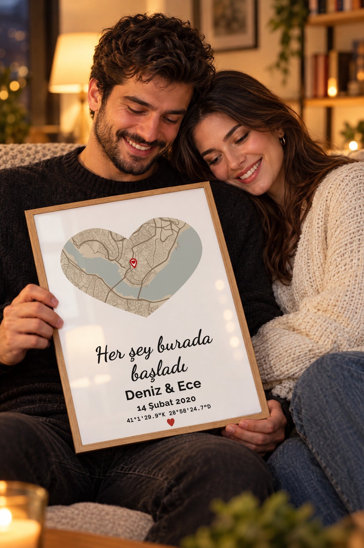 Kalp Vintage Anı Haritası Tablosu – yaşam, Ahşap çerçeve