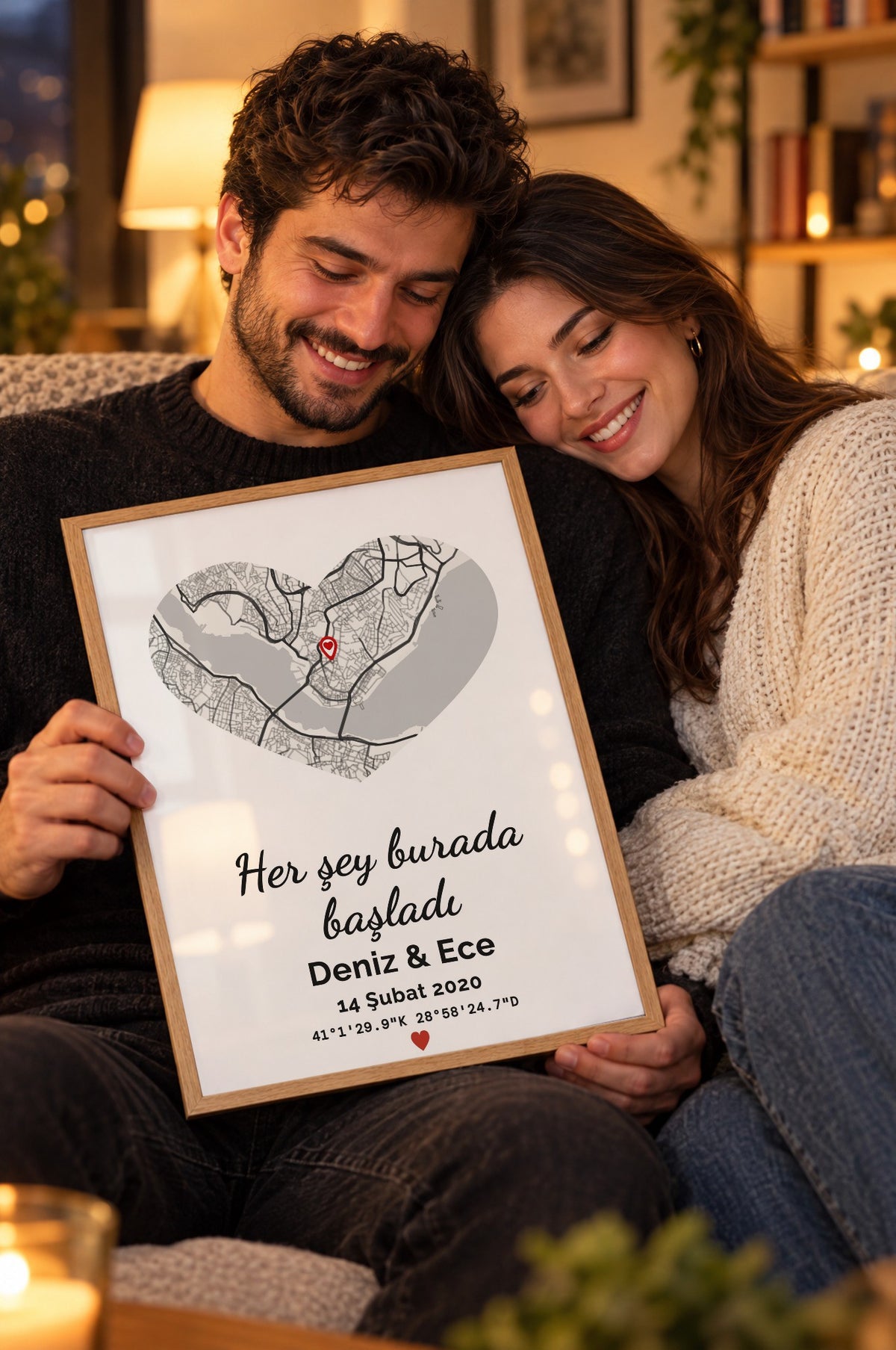 Kalp Monokrom Anı Haritası Tablosu – yaşam, Ahşap çerçeve