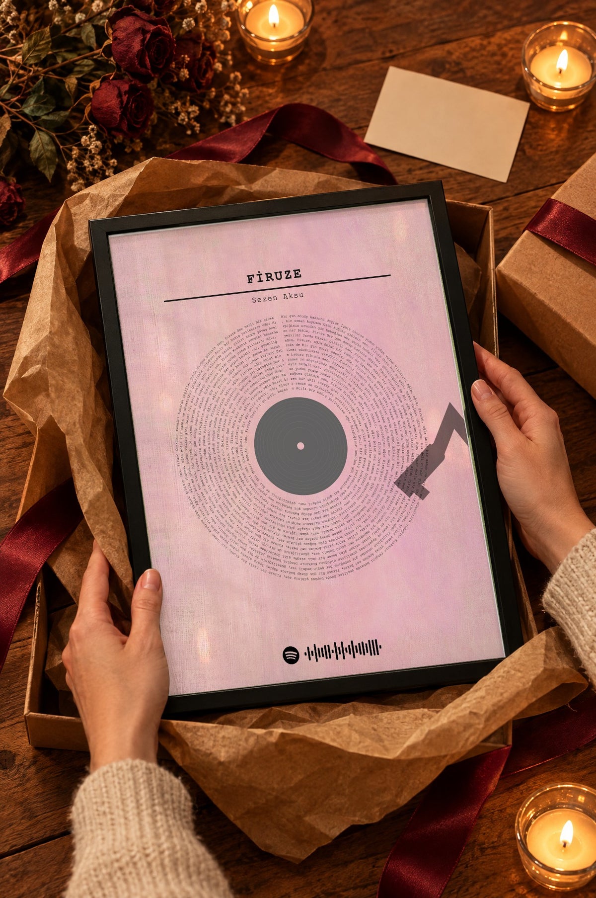 Gül Kurusu Spotify Plak Tablosu – hediye, Siyah çerçeve