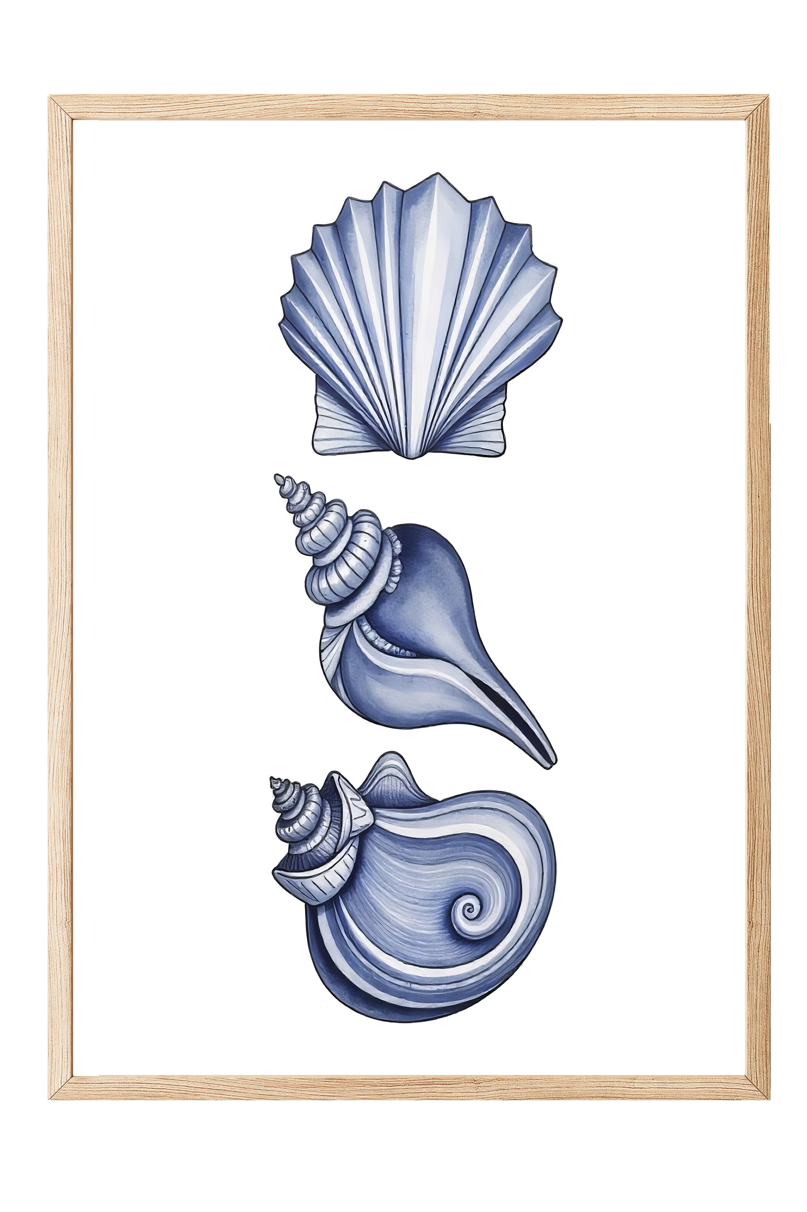 Ahşap Çerçeveli Poster, Deniz Kabuğu, İllüstrasyon, Mavi Renk Poster, 2025 Yaz Seçkisi, NO:109546